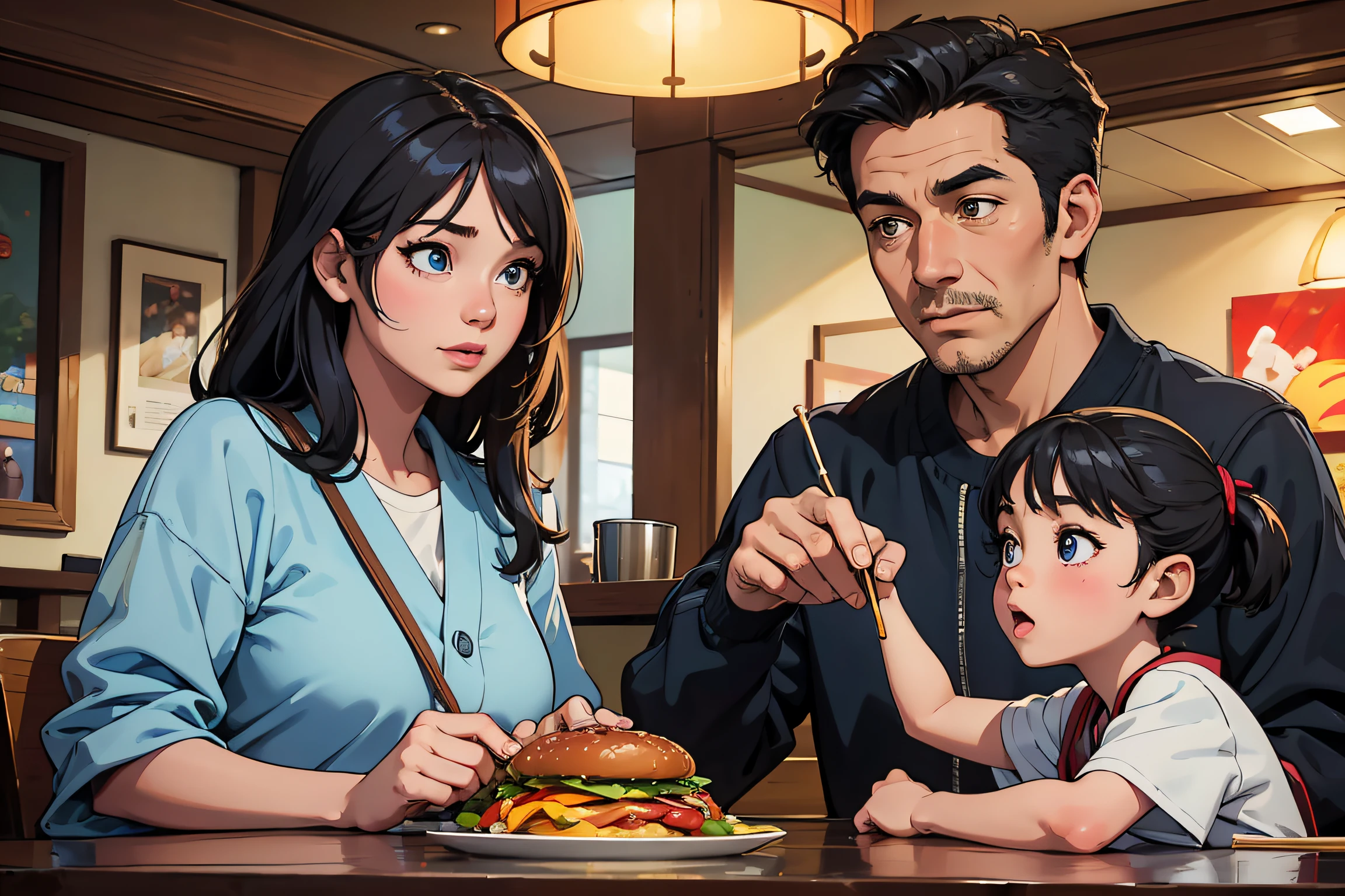 photo a family with 1father, 1mother & 1daughter, eating n in cozy mcdonald in japan mcdonald, masterpiece, best quality, detailed skin, detailed eyes,8k, good shading, beautiful strokes, detailed background, good anatomy 40k, photography, masterpiece, best quality