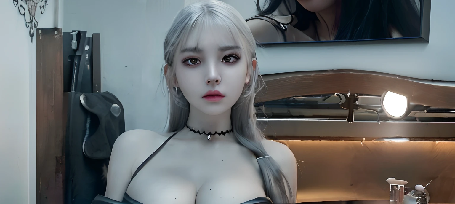 a RAW Photo of girl, (masterpiece:1.1), best quality, ultra high res, high detailed, (photorealistic:1.4), sharp, focus, face detail, (eyebrow piercing:1.1), detailed eyes, detailed face, 1girl, off-shoulder white shirt, black tight skirt, black choker, (faded ash gray hair:1.2), (huge breasts:1.1), looking at viewer, closeup