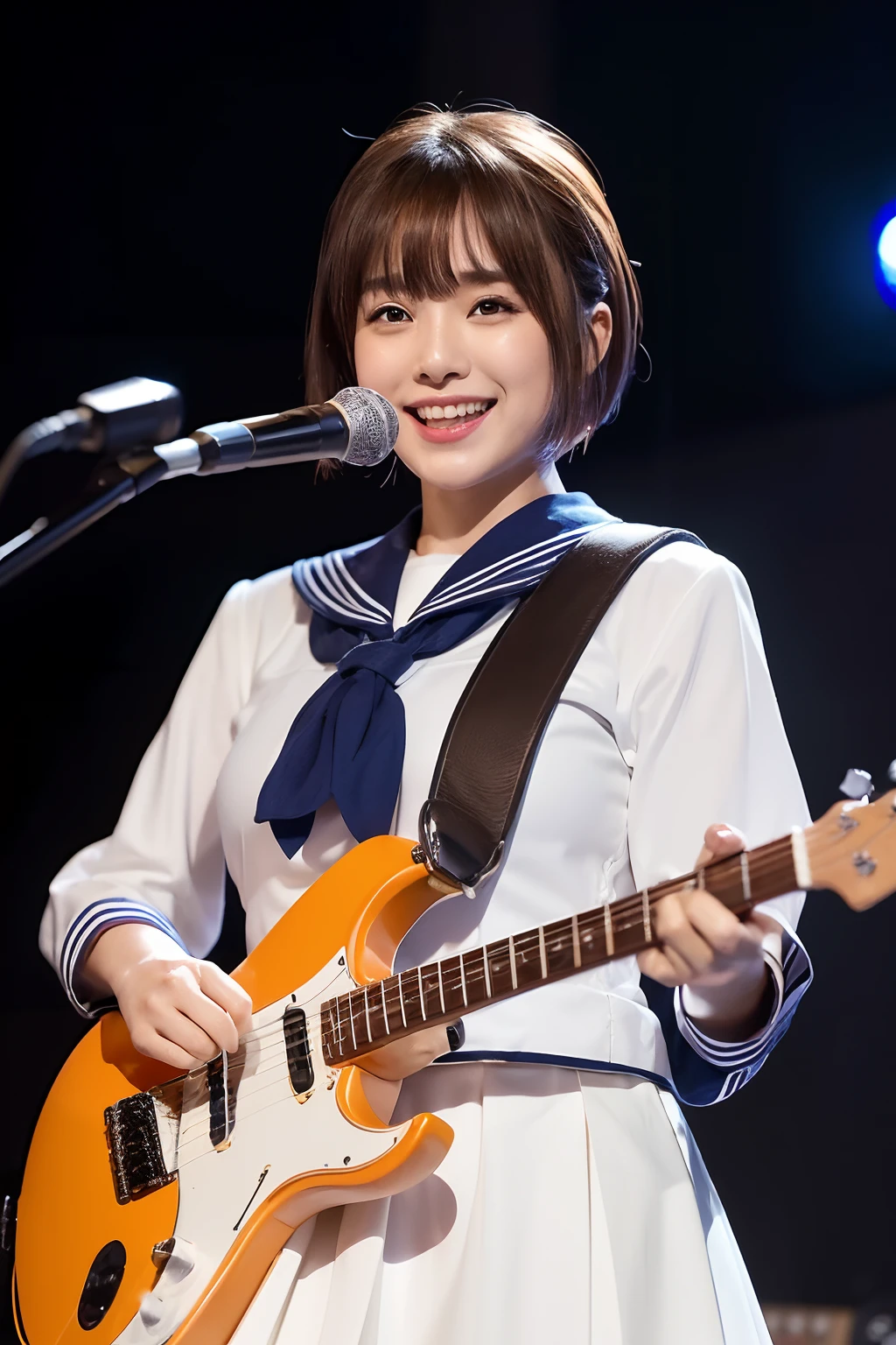 electric guitars、Japan Solo Idol,Pretty girl,A smile that makes the viewer happy,Light brown and orange two-tone shorthair,Floating hair,poneyTail、Unkempt hair,Red cheeks,red lipsticks,Stand in front of the microphone stand、(plays the electric guitar:1.3),sings,(Student Sailor Uniform:1.3)、Studio Lighting、(My whole body is drenched in sweat,Costume wet with sweat,hair wet with sweat,Face wet with sweat,Body wet with sweat,Skin shiny with sweat,), (masutepiece,top-quality,Ultra-high resolution output image,)(The 8k quality)