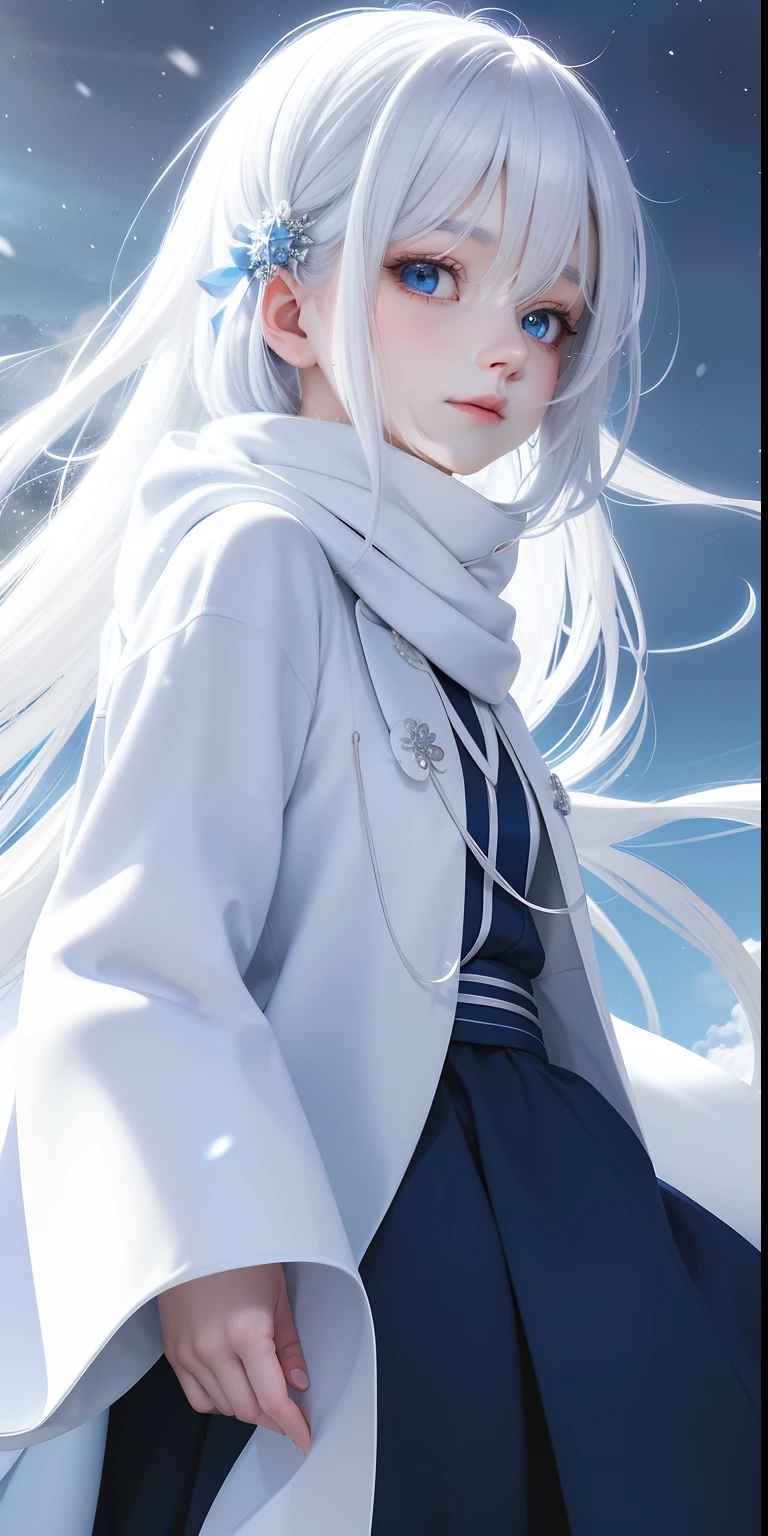 anime girl with white hair and blue scarf in the snow, flowing white hair, girl with white hair, with white long hair, with long white hair, beautiful anime portrait, white haired, white haired lady, soft anime illustration, perfect white haired girl, beautiful young wind spirit, ethereal beauty, white and pale blue toned, white haired deity, white hair floating in air