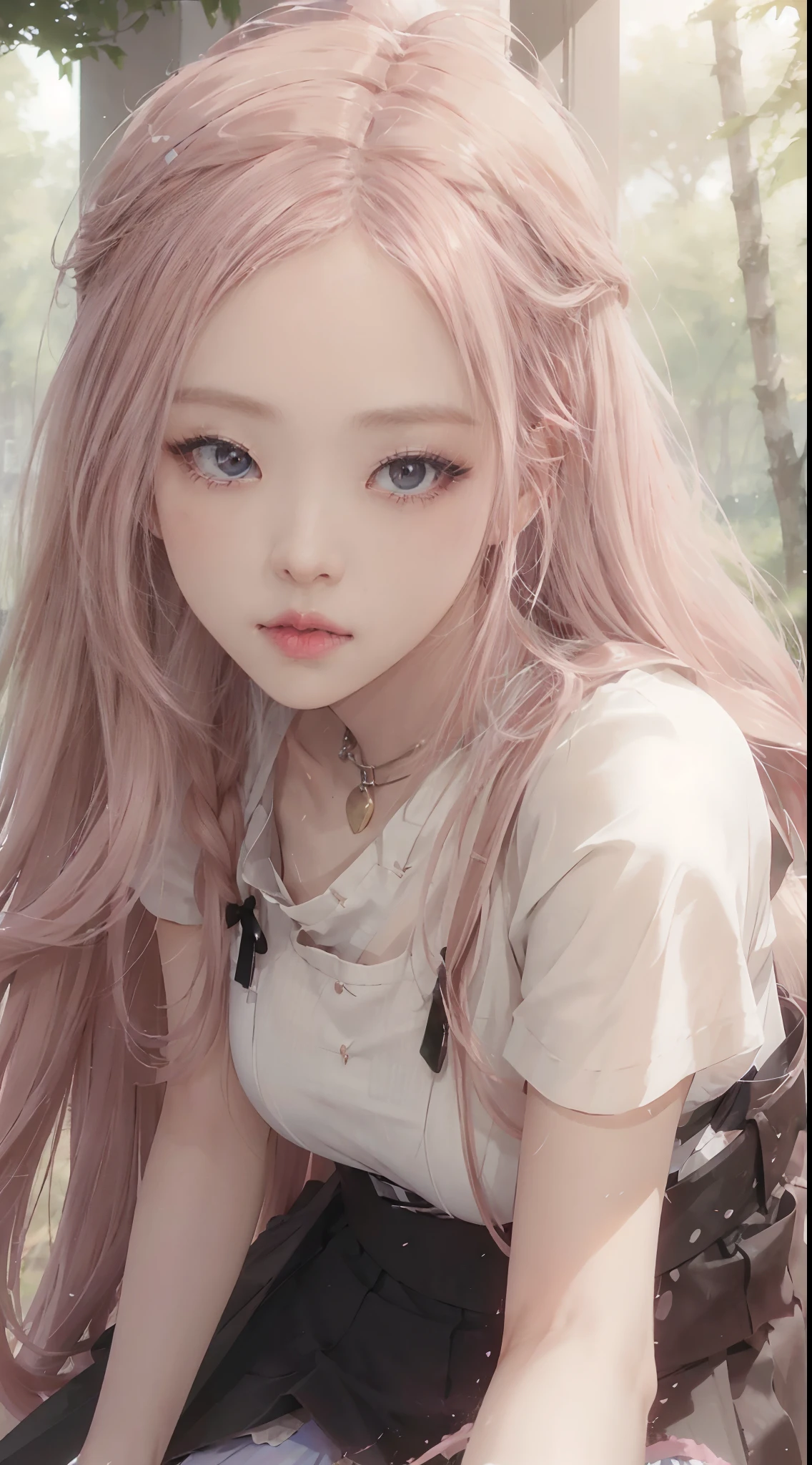 ((Rosè from Blackpink)), white t-shirt, tiny blue pleated skirt, pink panties, black tights to the waist, black high heels, close-up from thighs to face, shot from below, very fair skin, very long hair, wavy hair , camp, forest, photorealistic, indirect lighting, volumetric light, ray tracing, hyperdetailed, best quality, high resolution, HDR, 8k