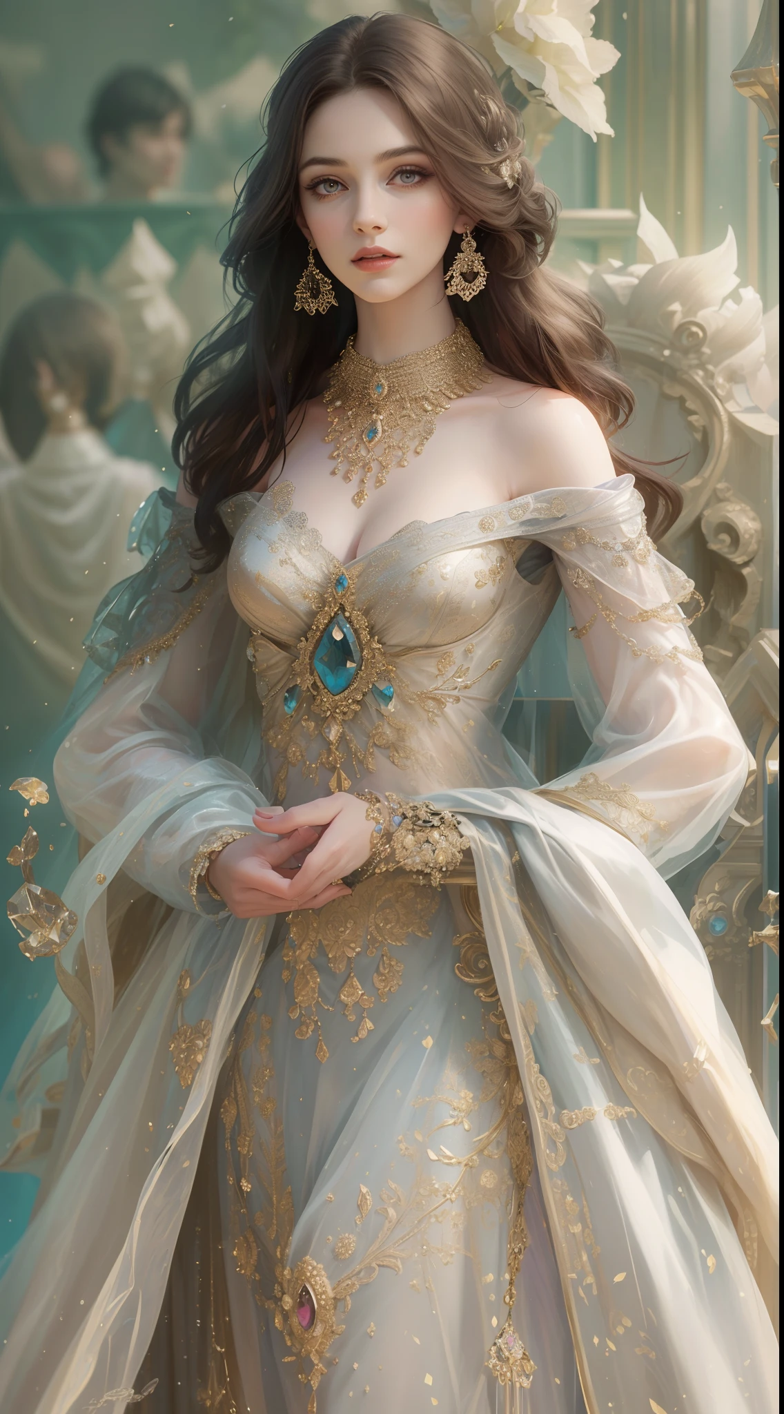 (Best quality,8K,A high resolution,Masterpiece:1.2),Ultra-detailed,(Realistic,Photorealistic,photo-realistic:1.37),Portrait,Creative style artwork,Historical,classical,Sophisticated,plethora of colors,Highly detailed,Soft lighting,luxurious environment,detailed gown,Vibrant flowers,detailed jewellery,Ethereal atmosphere,Elegant Pose,Graceful curves,Gold body proportions，Flowing hair,Breathtaking textile patterns,Harsh purple eyes,Delicate floral decoration,Dazzling crystal fittings,Mysterious and dreamy atmosphere,Impeccable attention to detail.