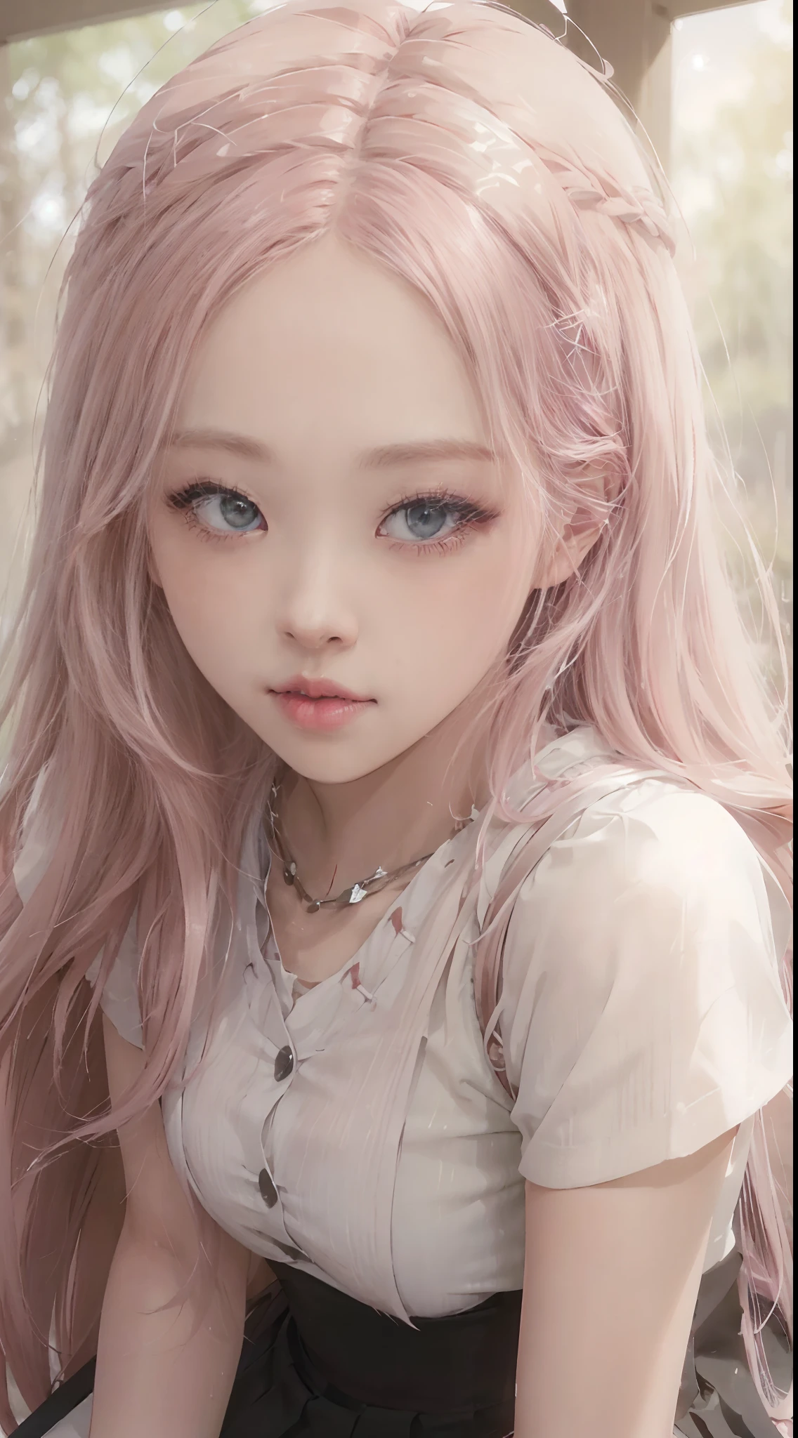 ((Rosè from Blackpink)), white t-shirt, tiny blue pleated skirt, pink panties, black tights to the waist, black high heels, close-up from thighs to face, shot from below, very fair skin, very long hair, wavy hair , camp, forest, photorealistic, indirect lighting, volumetric light, ray tracing, hyperdetailed, best quality, high resolution, HDR, 8k