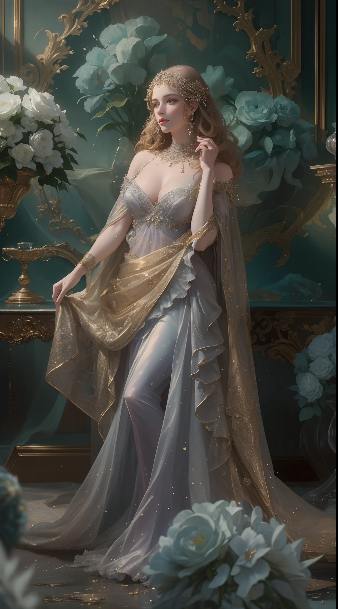 (Best quality,8K,A high resolution,Masterpiece:1.2),Ultra-detailed,(Realistic,Photorealistic,photo-realistic:1.37),Portrait,Creative style artwork,Historical,classical,Sophisticated,plethora of colors,Highly detailed,Soft lighting,luxurious environment,detailed gown,Vibrant flowers,detailed jewellery,Ethereal atmosphere,Elegant Pose,Graceful curves,Gold body proportions，Flowing hair,Breathtaking textile patterns,Harsh purple eyes,Delicate floral decoration,Dazzling crystal fittings,Mysterious and dreamy atmosphere,Impeccable attention to detail.