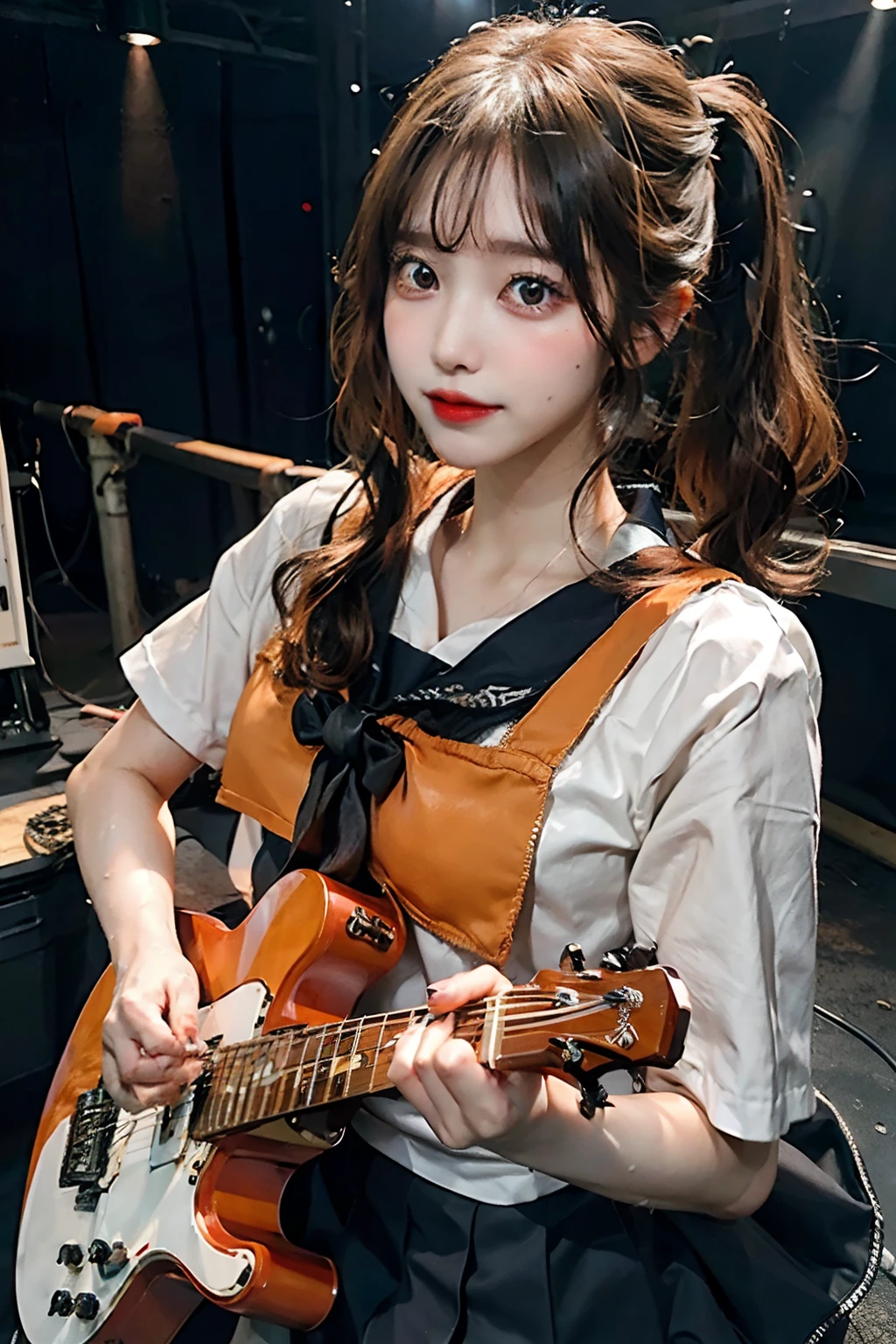 electric guitars、Japan Solo Idol,Pretty girl,A smile that makes the viewer happy,Light brown and orange two-tone shorthair,Floating hair,poneyTail、Unkempt hair,Red cheeks,red lipsticks,Stand in front of the microphone stand、(plays the electric guitar:1.3),sings,(Student Sailor Uniform:1.3)、Studio Lighting、(My whole body is drenched in sweat,Costume wet with sweat,hair wet with sweat,Face wet with sweat,Body wet with sweat,Skin shiny with sweat,), (masutepiece,top-quality,Ultra-high resolution output image,)
