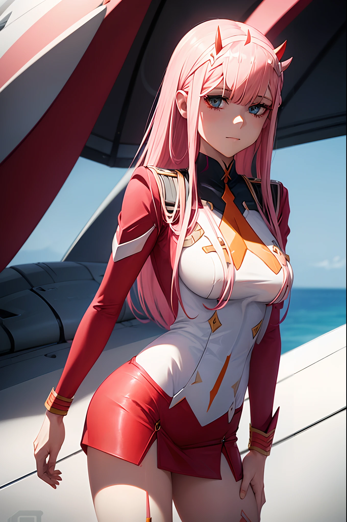 zero_two, (darling_in_the_franxx), 1girl, absurdres, high res, extremely detailed ultrasharp, 8K, masterpiece, looking at viewer, thighs, breasts, pink hair, pair of horns, long hair, makeup, pilot outfit, red bodysuit with white details, close up