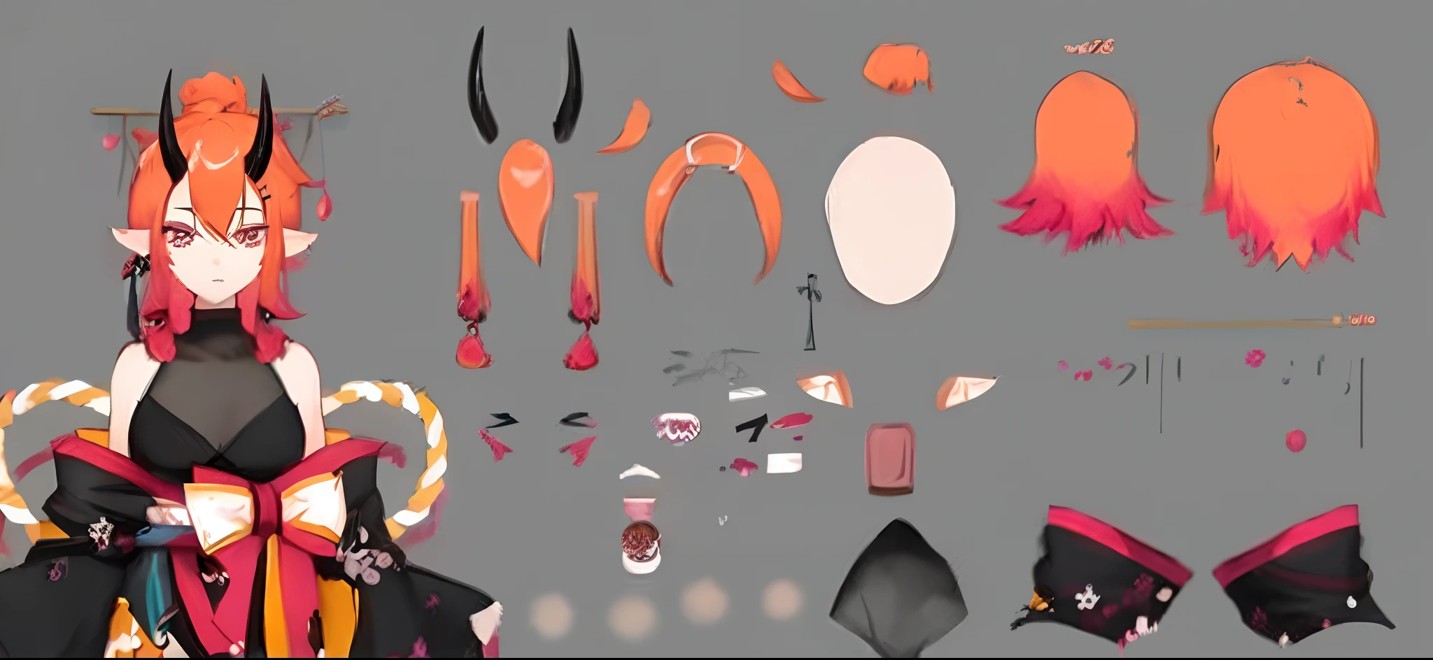 a close up of a person with a bunch of different items, lineless, onmyoji detailed art, anime set style, bloody + concept art, [ character design ], anime character reference sheet, oni horns, detailed body and eyes, character art of maple story, 3 d character reference sheet, anime stylized, full character body, anime styled 3d