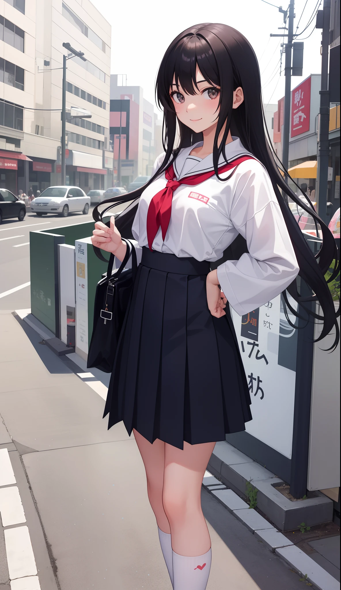1girl in、AS-Adult、A smile、The shirt、skirt by the、(small tits)Japan High School、校服、serafuku、Walking with a thigh、Upper body portrait、