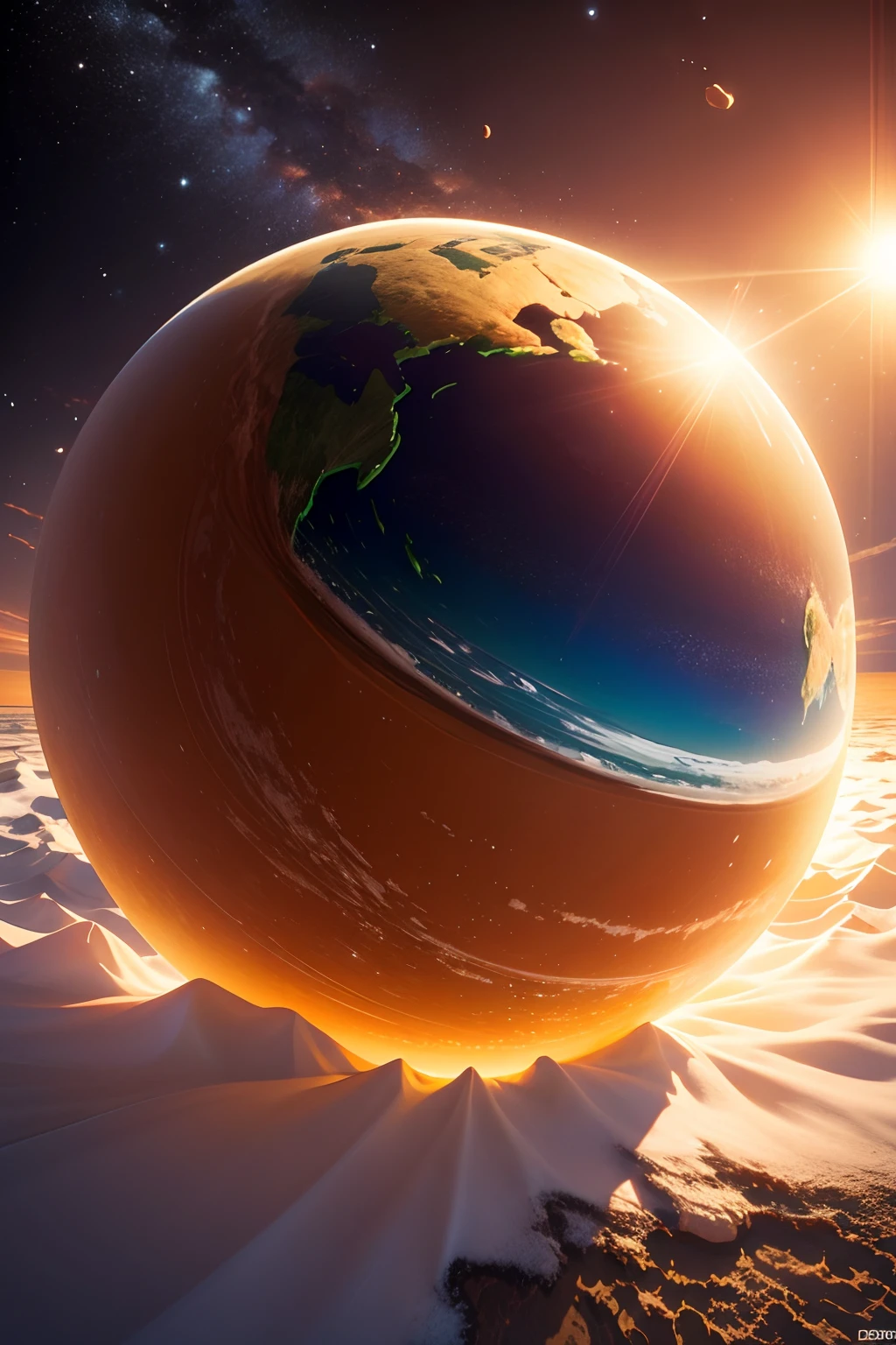3D HD planet earth all over and illuminated by the sun with salt particles falling on the planet