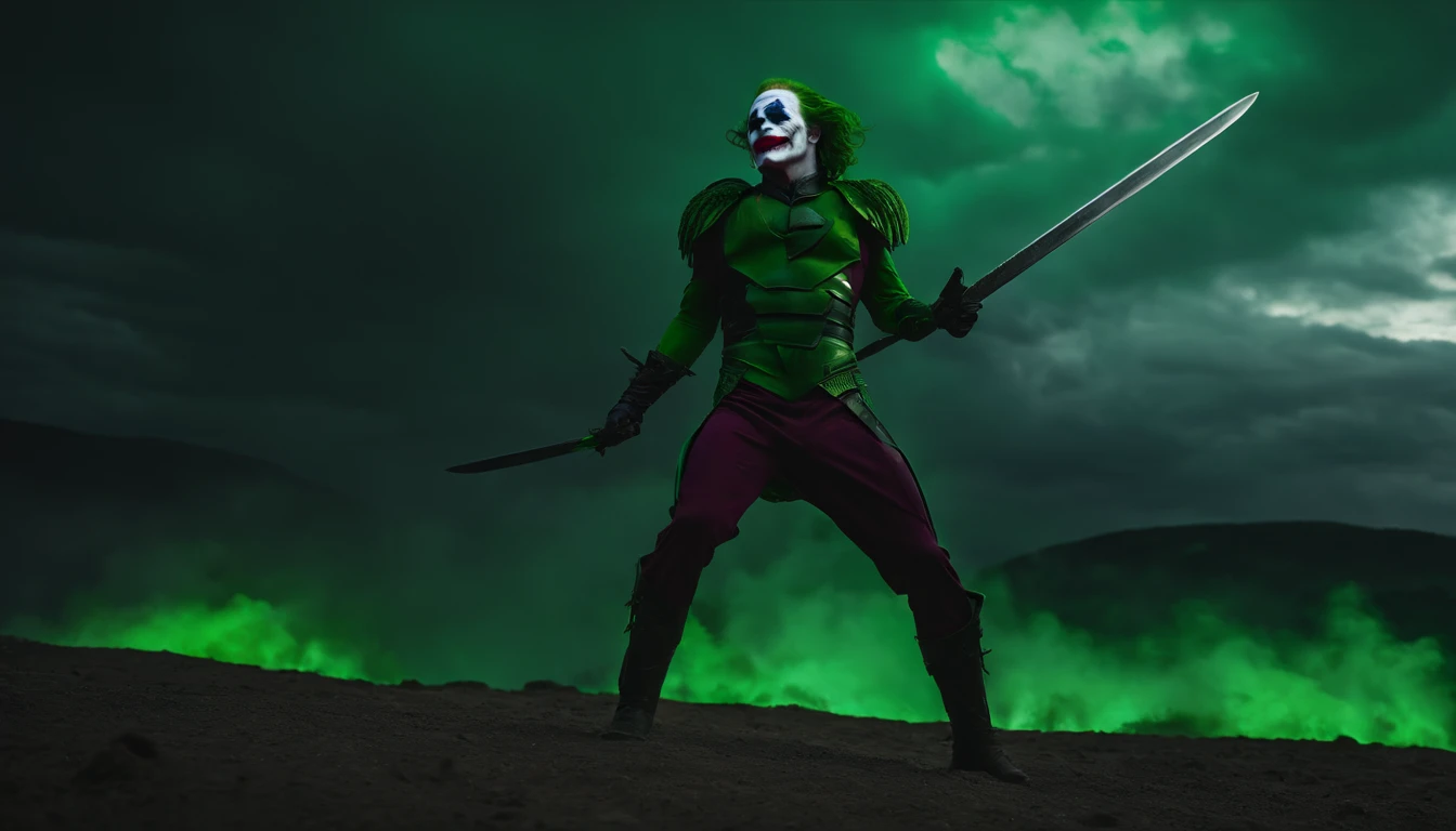 the joker as a spartan warrior, jumping in the air, a neon green sword in his hands, the sky is a pale hunter green, dying spartans on the ground , bloody armor, epic, 8k