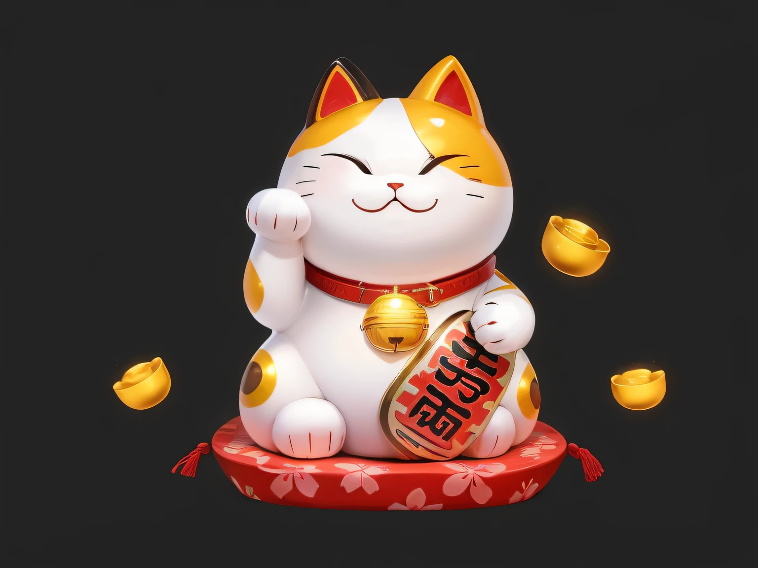 Cute cat made of ceramic，There is a macula on the top of the head，There is a red collar around the neck，Right hand beckoning pose，The ground is covered with a large number of gold coins，Mimi eyes，Red Wall，Chinese culture，zbrush，Dramatic lighting，full-body portraits，hentail realism，finedetail，photographrealistic，Film illumination，complexdetails，rendering by octane，unreal-engine，8K --ar 9：16 --testp --upbeta
