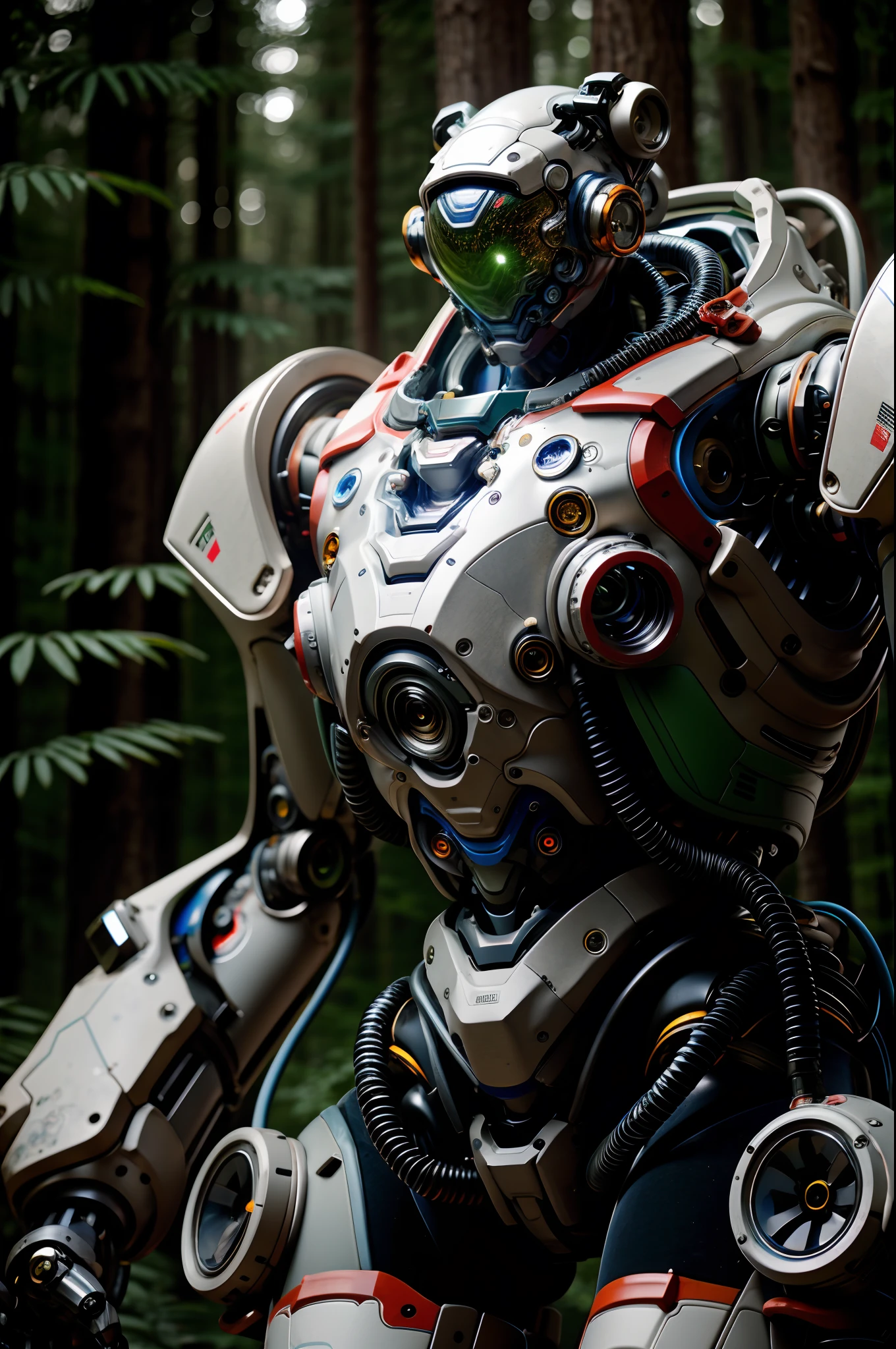 Robots wearing spacesuits,  on the forest, macro, blurry lens, studio, RTX,