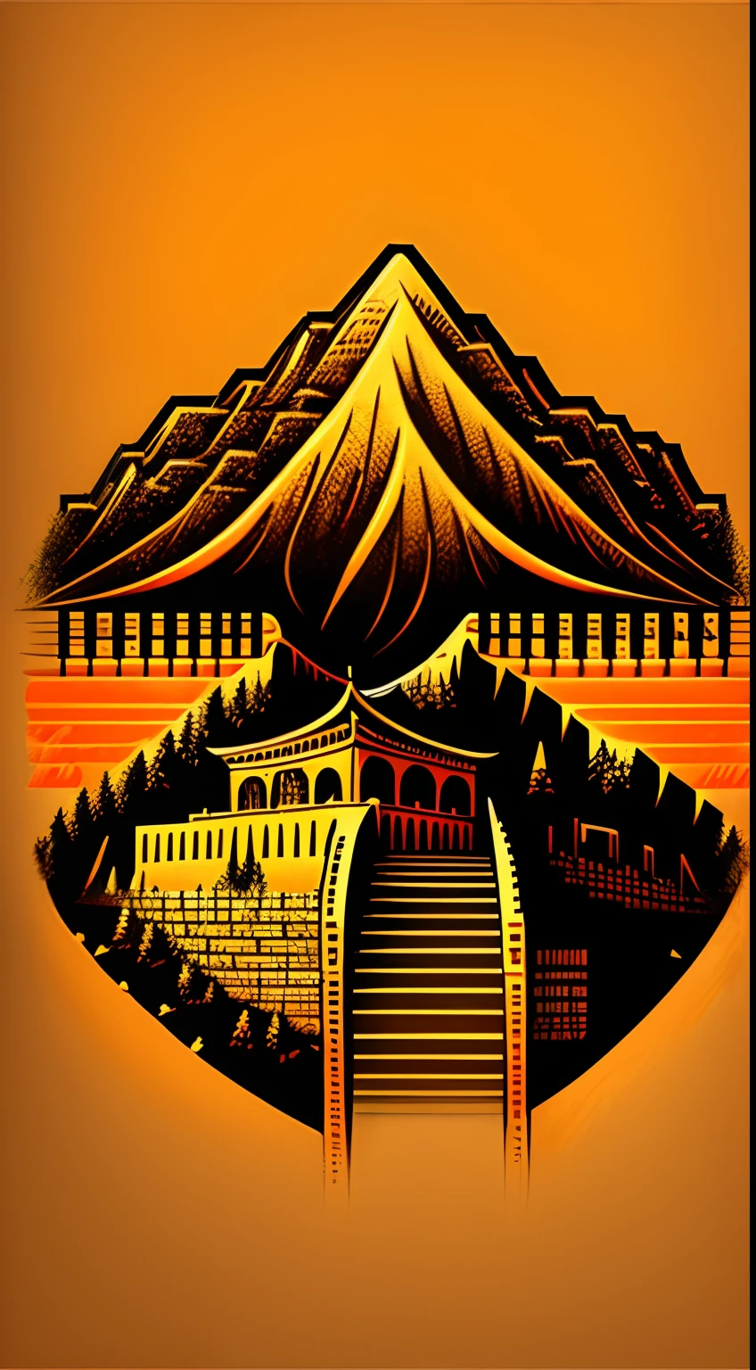 With the logo of the Great Wall，Mountain Art Logo，Red and yellow background，Bright orange，Minimal and pure — the Great Wall ，، simple，ultra - detailed，Detailed drawing，vectorised，contours，8k。