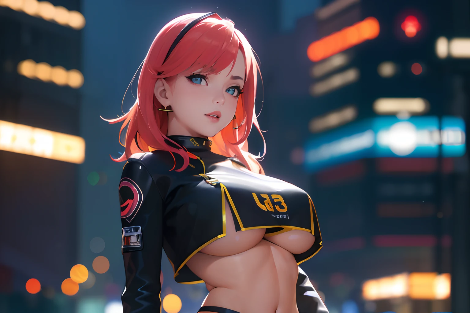 (best quality,8k,highres,masterpiece:1.2),ultra-detailed, realistic:1.37, (mid body, sexy attire, midriff, underboob:1.2),looking at viewer, parted lips, neo tokyo, futuristic,vivid colors, sharp focus, professionally lit, bokeh