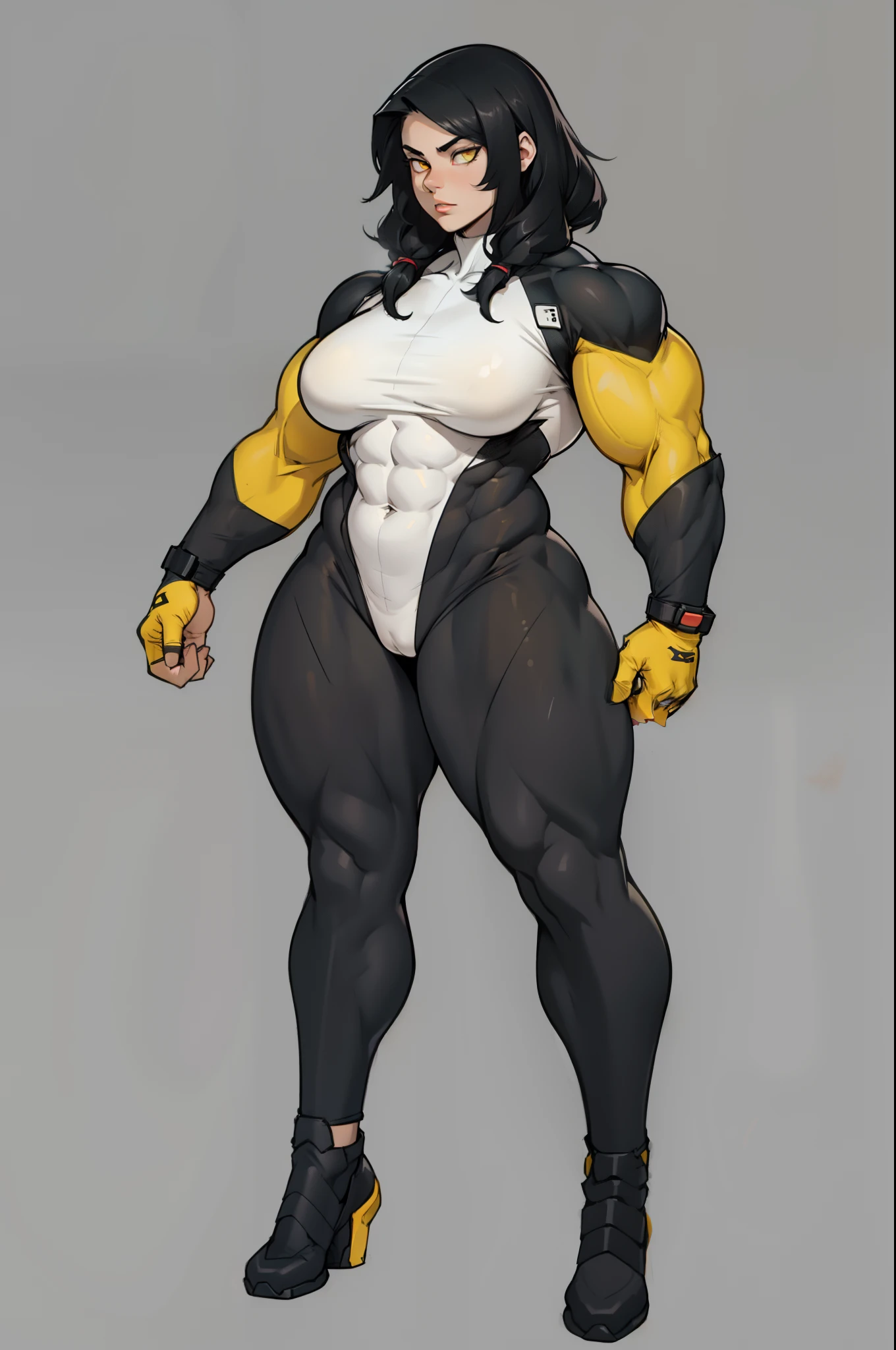 ((grey background)), (((((1 girl))))), black hair, yellow eyes, ((((((muscular)))))), tall, pale skin, (full body), bodysuit, (solo), curvy, wide hips, thick thighs, small breasts