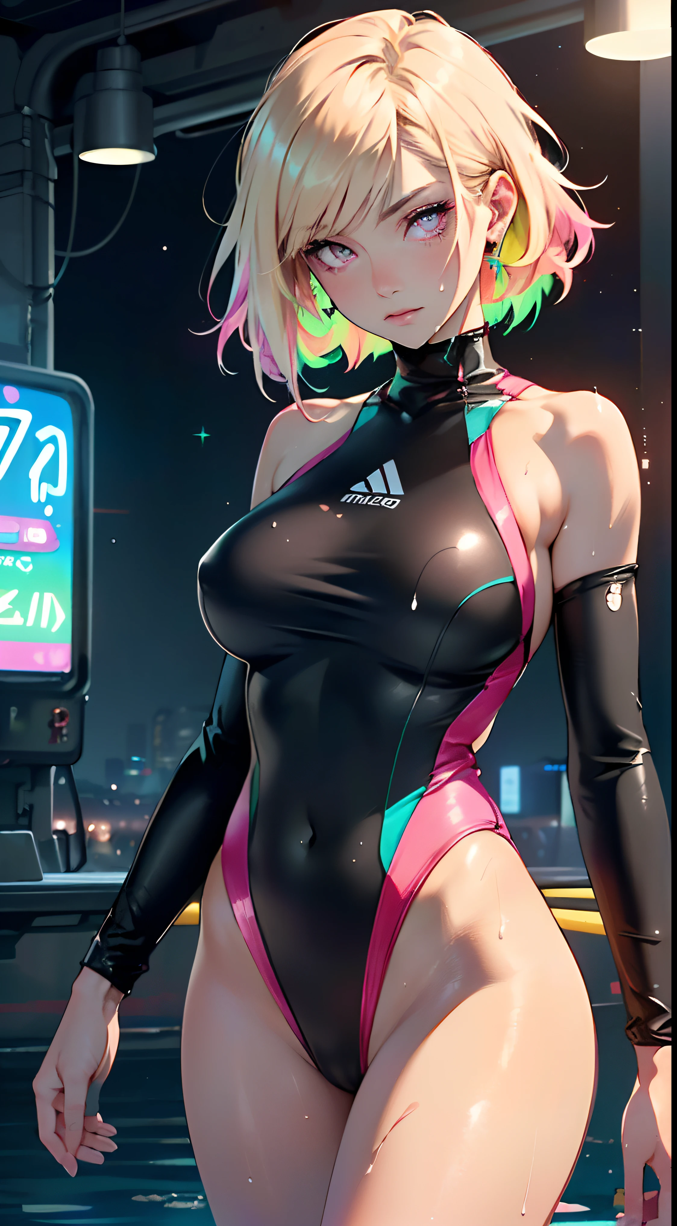 girl swimmer,((girl with extremely cute and beautiful blonde hair)),
(large breasts:1.4),saggy breasts,(((very light blonde hair:1.35,straight hair,long hair:1.4,colored inner hair,ear breathing))),(((neon_pink_eyes:1.3))),intricate eyes,beautiful detailed eyes,symmetrical eyes,((fat)),(((lustrous skin:1.5,bright skin: 1.5,skin tanned,shiny skin,very shiny skin,shiny body,plastic glitter skin,exaggerated shiny skin,illuminated skin, wet legs))),(spider lower abdomen,narrow waist,wide hip,athletic body,inflated legs,detailed body,(detailed face)),
cute,slutty,seductive,erotic,(((nsfw))),
zettai ryouiki,((one-piece_swimsuit magenta,wearing a one-piece_swimsuit outfit:1.3,swimsuit type spacesuit,magenta armor swimsuit:1.3)),((wet clothes,intricate outfit,intricate clothes)),
(dynamic pose:1.0),embarrassed,(centered,scale to fit dimensions,Rule of thirds),
cyberpunk city by the ocean at night, with bright neon signs and dark stormy clouds and puddles, scenery:1.25,
artistic photography,(photography taken by sldr),highres, sharp focus, (ultra detailed, extremely detailed), (photorealistic artwork:1.37),(extremely detailed CG unity 8k wallpaper),((synthwave background theme)),(((vibrant colors))),(intricate background),(masterpiece),(best quality),