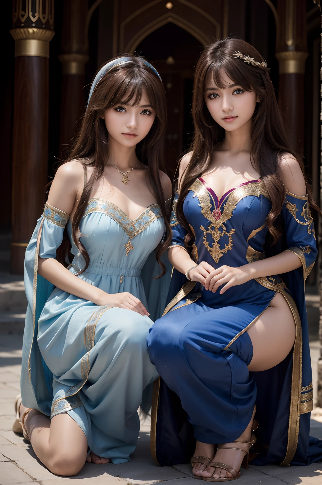 2 girls kneel,duo,top-quality、Extremely Delicately Beautiful、(Strange blue and red eyes)、arabian clothes 、silber hair、femele、(（Brown skin）),Front lens,（Close-up Shot Shot：1.6），best qualtiy，f / 1 HD photography T bokeh，Depth of field Macro,