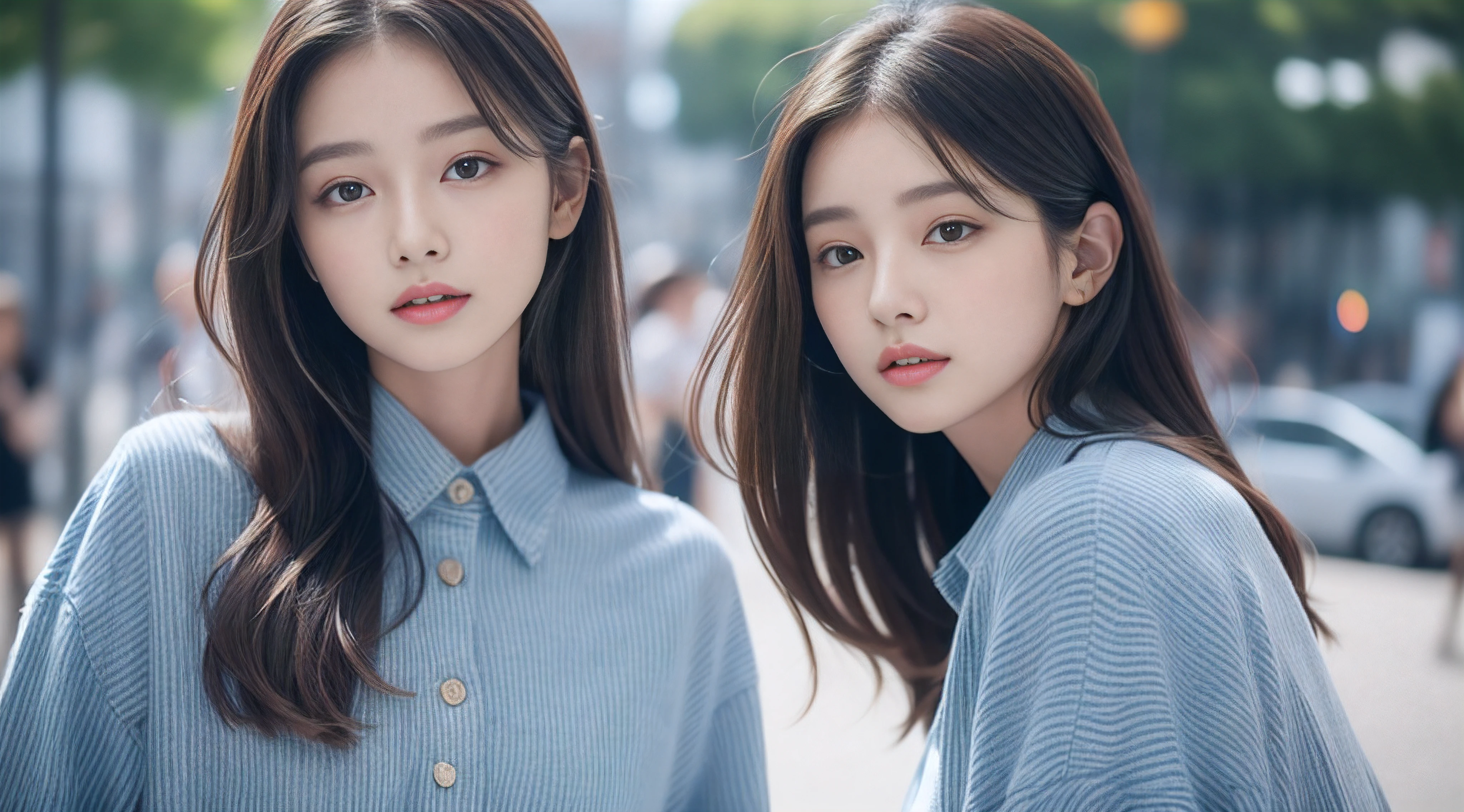 Beautuful Women、Long sleeve shirt with blue vertical stripes、Denim skirt、A detailed face、Detailed lips、A detailed eye、luslous skin、One Person、Small face