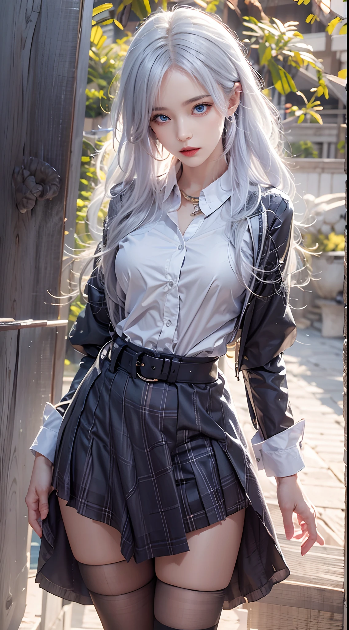 Photorealistic, high resolution, 1 Women, Solo,  up, Beautiful eyes, Close lips, Detailed face, White hair, Long hair, Collared shirt, black necktie,Black skirt, pencil skirts, Fur coat, Black stockings
