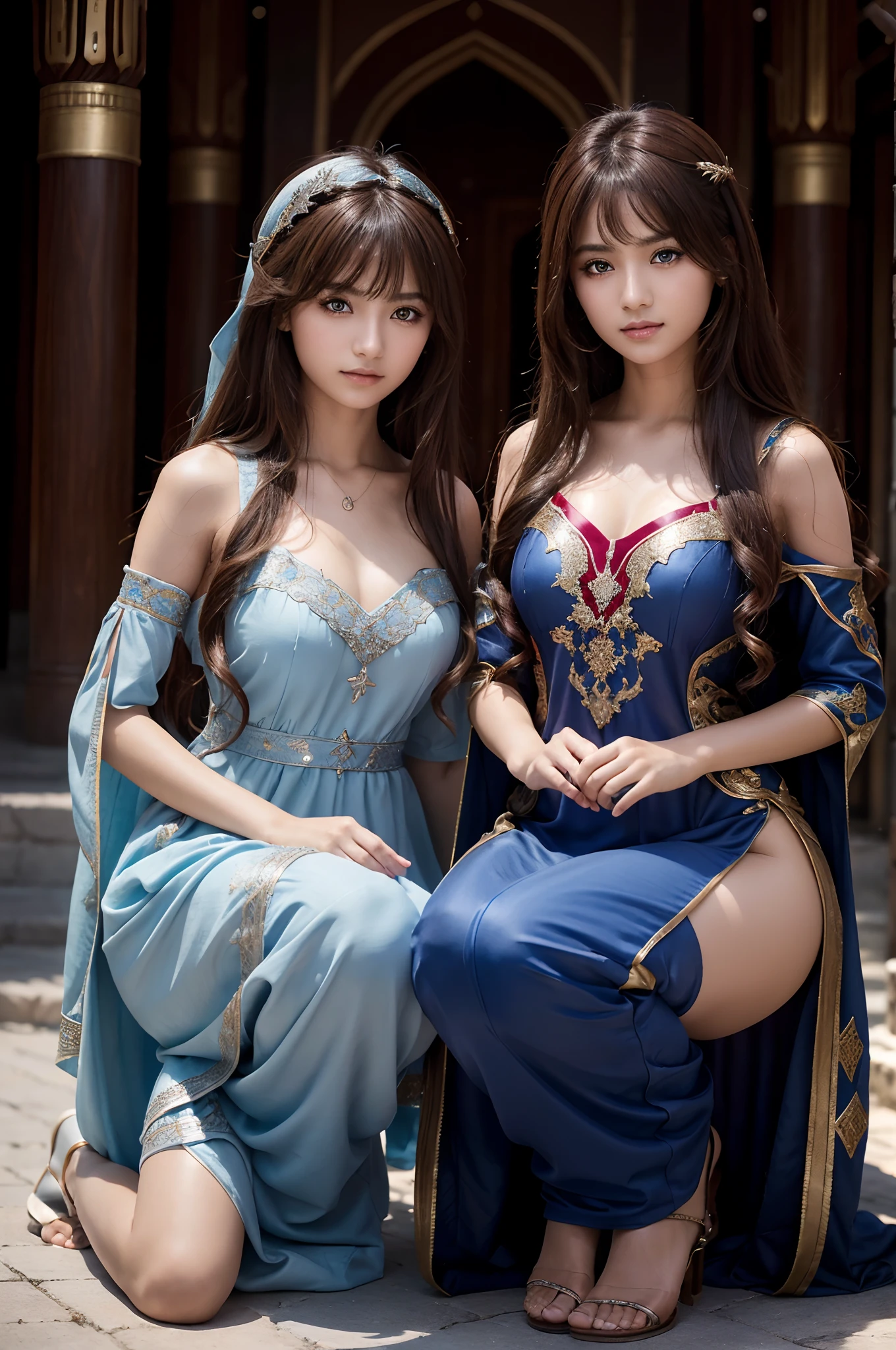 2 girls kneel,duo,top-quality、Extremely Delicately Beautiful、(Strange blue and red eyes)、arabian clothes 、silber hair、femele、((Brown skin)),Front lens,(Close-up Shot Shot:1.6),best qualtiy,f / 1 HD photography T bokeh,Depth of field Macro,