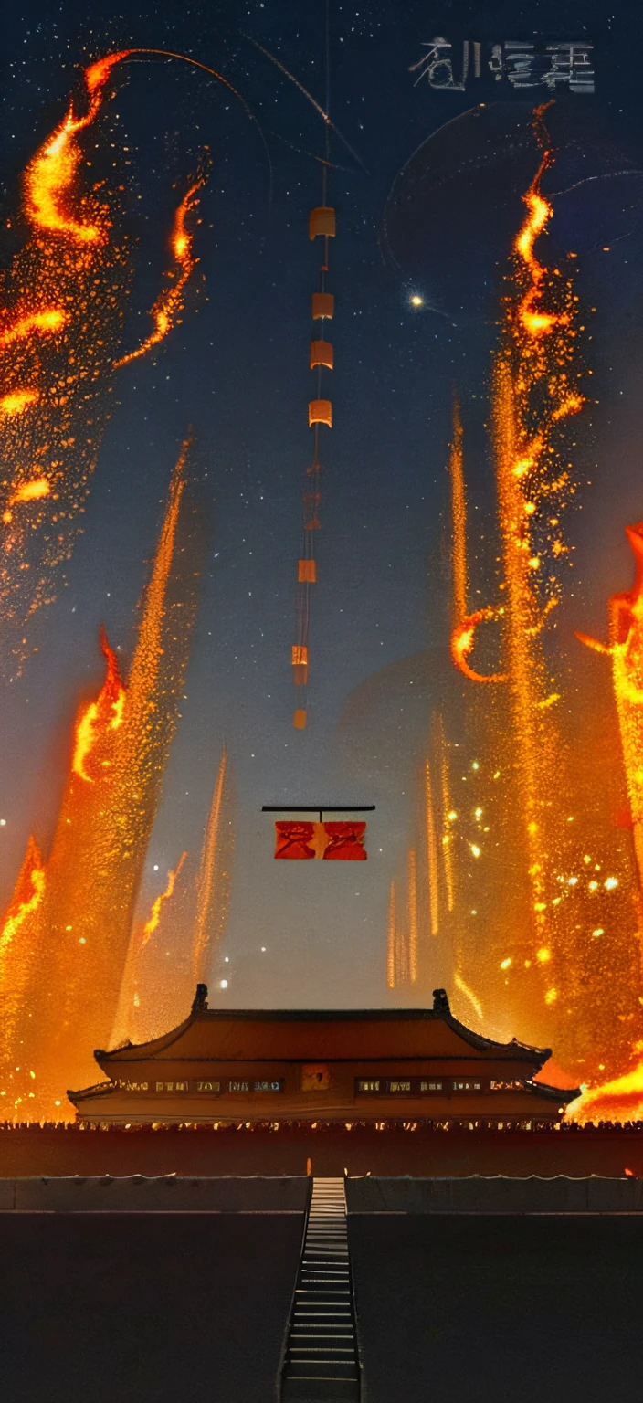 National，nigh sky，Tiananmen square，decorations，Hanging Chinese lanterns，fire works，
