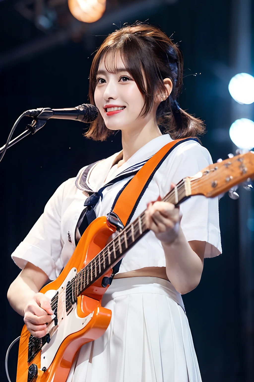 electric guitars、Japan Solo Idol,Pretty girl,A smile that makes the viewer happy,Light brown and orange two-tone shorthair,Floating hair,poneyTail、Unkempt hair,Red cheeks,red lipsticks,Stand in front of the microphone stand、(plays the electric guitar:1.3),sings,(Student Sailor Uniform:1.3)、Studio Lighting、(My whole body is drenched in sweat,Costume wet with sweat,hair wet with sweat,Face wet with sweat,Body wet with sweat,Skin shiny with sweat,), (masutepiece,top-quality,Ultra-high resolution output image,)(The 8k quality)