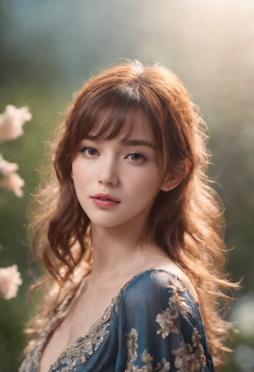 (masterpiece), (best quality), (ultra detailed),(disheveled hair),(illustration), (1girl), (Fashionable clothing), standing, Fashion model, looking at viewer, (interview), (simple background),beautiful detailed eyes, delicate beautiful face, Floating,(high saturation),(colorful splashes),colorful bubble,(shining), focus on face,  ponytail, kamisato ayaka, light blue hair, bangs, hair ring, floating flowers, floating hairs, (shining), best lighting, best shadow,