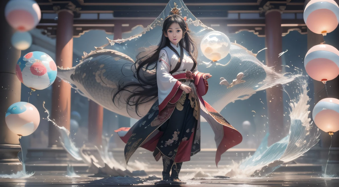 Side whole body,Kunlun Mountain,The black-haired fairy descends the mountain,Tai Chi stunts,Pure mantra hard ginseng,full bodyesbian,Combat posture,Low viewing angle,Dim background,It was surrounded by a large amount of thick white fog,((an extremely delicate and beautiful one),((Brunette hair all over the body)),((Water balloons in hand)),Lightning surrounds the dark-haired woman,((water sphere)),Taoist temple,Taiqing Palace,Suspended water balloons,There is lightning inside the water balloon,unreal-engine,巨作, the highest picture quality,Highest resolution,8K,Extremely detailed images,Moon light,Shadow optimization,Realistic style,Black Haired Woman