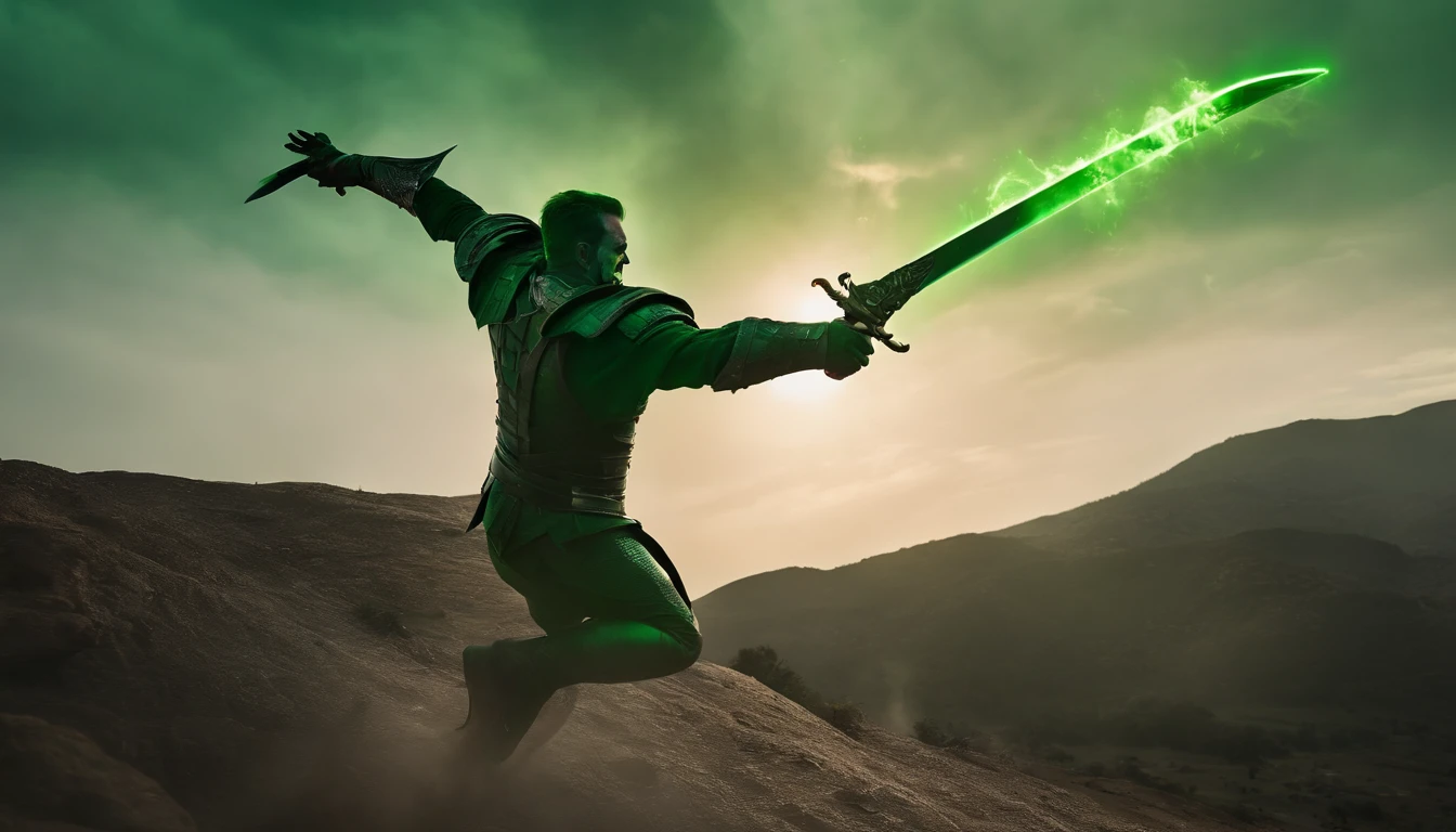 the joker as a spartan warrior, jumping in the air, a neon green sword in his hands, the sky is a pale hunter green, dying spartans on the ground , bloody armor, epic, 8k