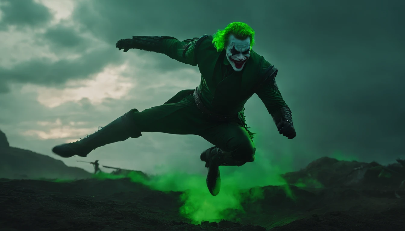 the joker as a spartan warrior, jumping in the air, a neon green sword in his hands, the sky is a pale hunter green, dying spartans on the ground , bloody armor, epic, 8k