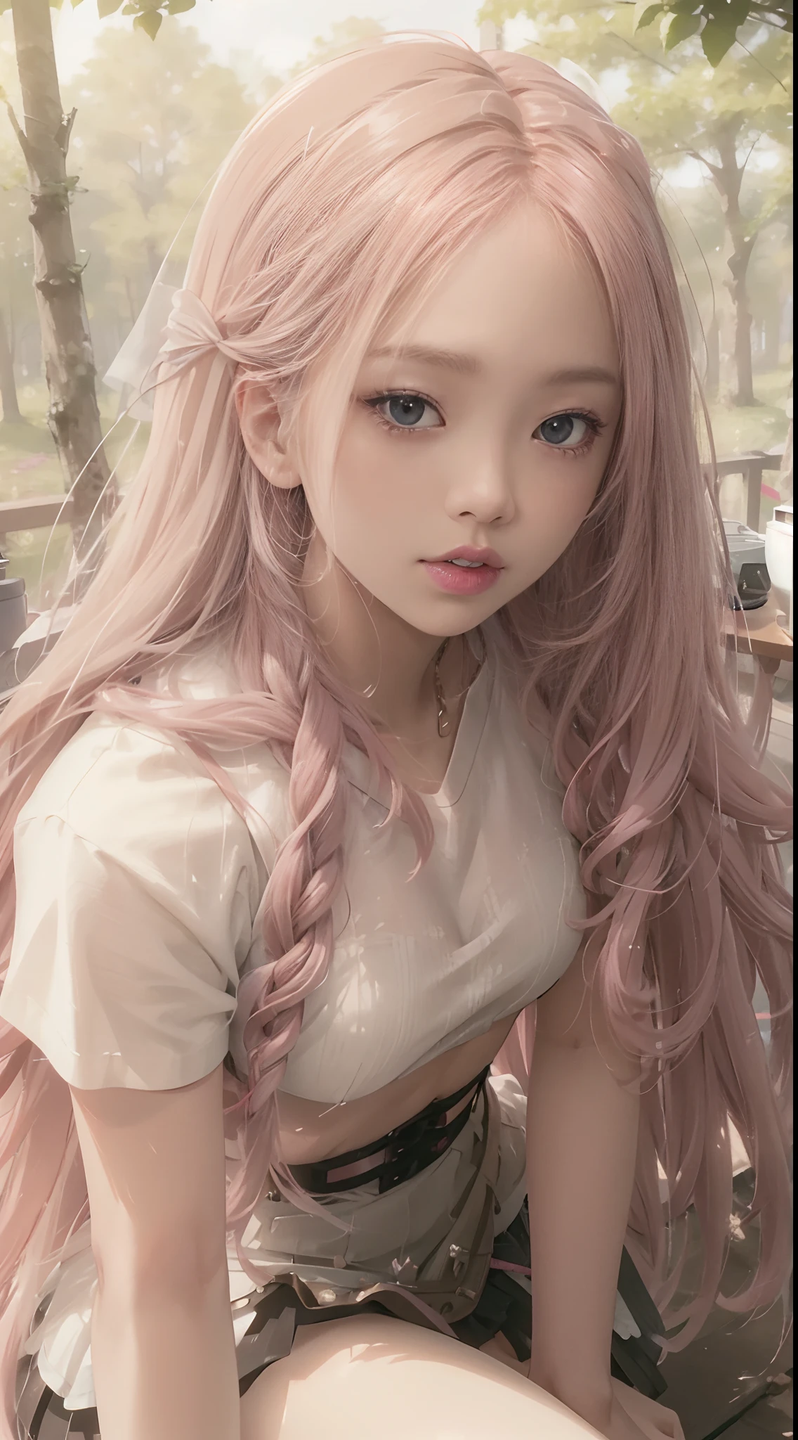 ((Rosè from Blackpink)), white t-shirt, tiny blue pleated skirt, pink panties, black tights to the waist, black high heels, close-up from thighs to face, shot from below, very fair skin, very long hair, wavy hair , camp, forest, photorealistic, indirect lighting, volumetric light, ray tracing, hyperdetailed, best quality, high resolution, HDR, 8k