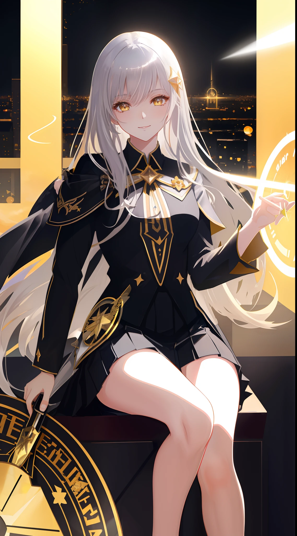 Full Body, silver-haired young girl, yellow eyes, angelic body and face, and black high school uniform dress with a mini skirt, holding a shield, wearing a cloak, and golden hairpin, sitting on the throne of guardian, red wings, sunrise, and, high rise building background scene, the magic circle with a diamond star, innocent smile, stable diffusion v5, anime style v3, lora style v5, dynamic, image enhance, dream shape, vibrant, realistic face, 32k resolution, upscale, sharp focus, best quality, masterpiece, ghostmix, flat color, flat light.