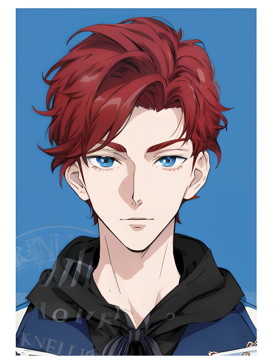 Anime boy with red hair and blue eyes in front of blue background, Anime portrait of a handsome man, Anime style portrait, anime character portrait, Male anime style, anime style character, Tall anime guy with blue eyes, kentaro miura art style, male anime character, orange - haired anime boy, young anime man, kentaro miura manga art style
