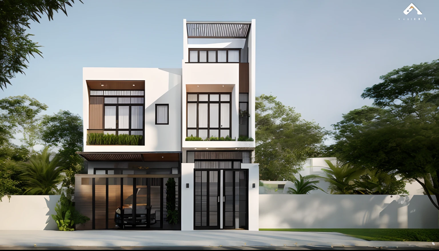 Townhouse in city, daylight,warm light, (sharp focus) front view of townhouse in style of modern, VietNam ,mutual colours, soft lighting, warm atmosphere,high Resolution, hyper detailed,4k ,vray render, hyper realistic,exterior design , professional photography, exterior photography,wide-angle shot , ultra detail , high Resolution .  all of doors and windows are made by Xingfa . have many trees , ivys, palms on the bancony. black iron frame . human and girl on the pavement. wooden ceiling. ceiling light.black iron gate.