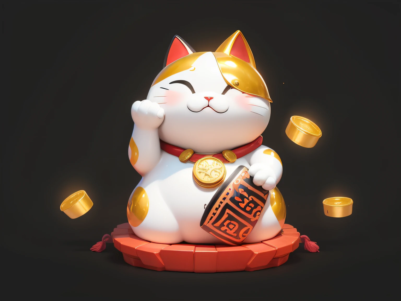 Cute cat made of ceramic,There is a macula on the top of the head,There is a red collar around the neck,Right hand beckoning pose,There are a lot of gold coins scattered on the ground,Mimi eyes,Red Wall,Chinese culture,zbrush,Dramatic lighting,full-body portraits,hentail realism,finedetail,photographrealistic,Film illumination,complexdetails,rendering by octane,unreal-engine,8K --ar 9:16 --testp --upbeta