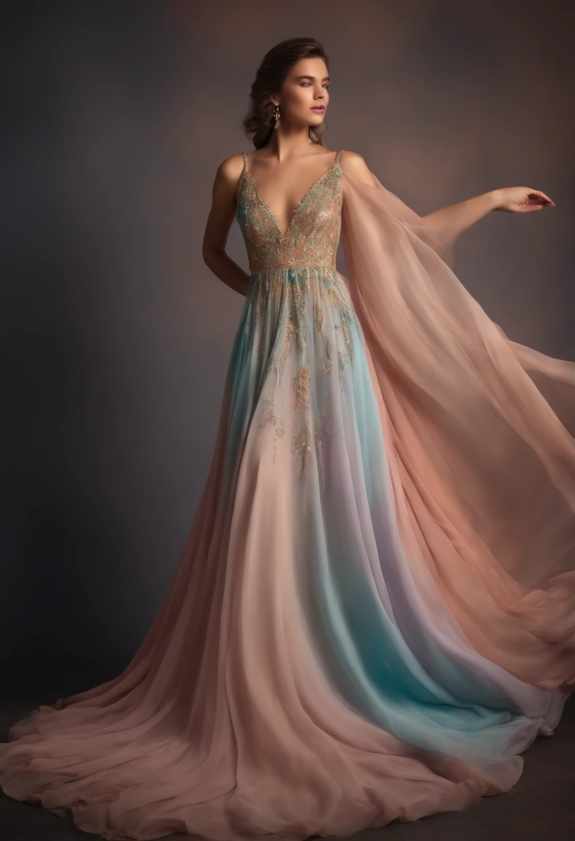 flowing gown, ethereal dress, floor-length, elegant
hand-painted silk, luxurious fabric, flowing chiffon, delicate lace
subtle embroidery, intricate beadwork, shimmering sequins
vibrant colors, pastel tones, gradient shades
soft lighting, gentle backlighting, dreamy atmosphere