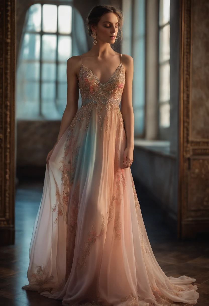 flowing gown, ethereal dress, floor-length, elegant
hand-painted silk, luxurious fabric, flowing chiffon, delicate lace
subtle embroidery, intricate beadwork, shimmering sequins
vibrant colors, pastel tones, gradient shades
soft lighting, gentle backlighting, dreamy atmosphere