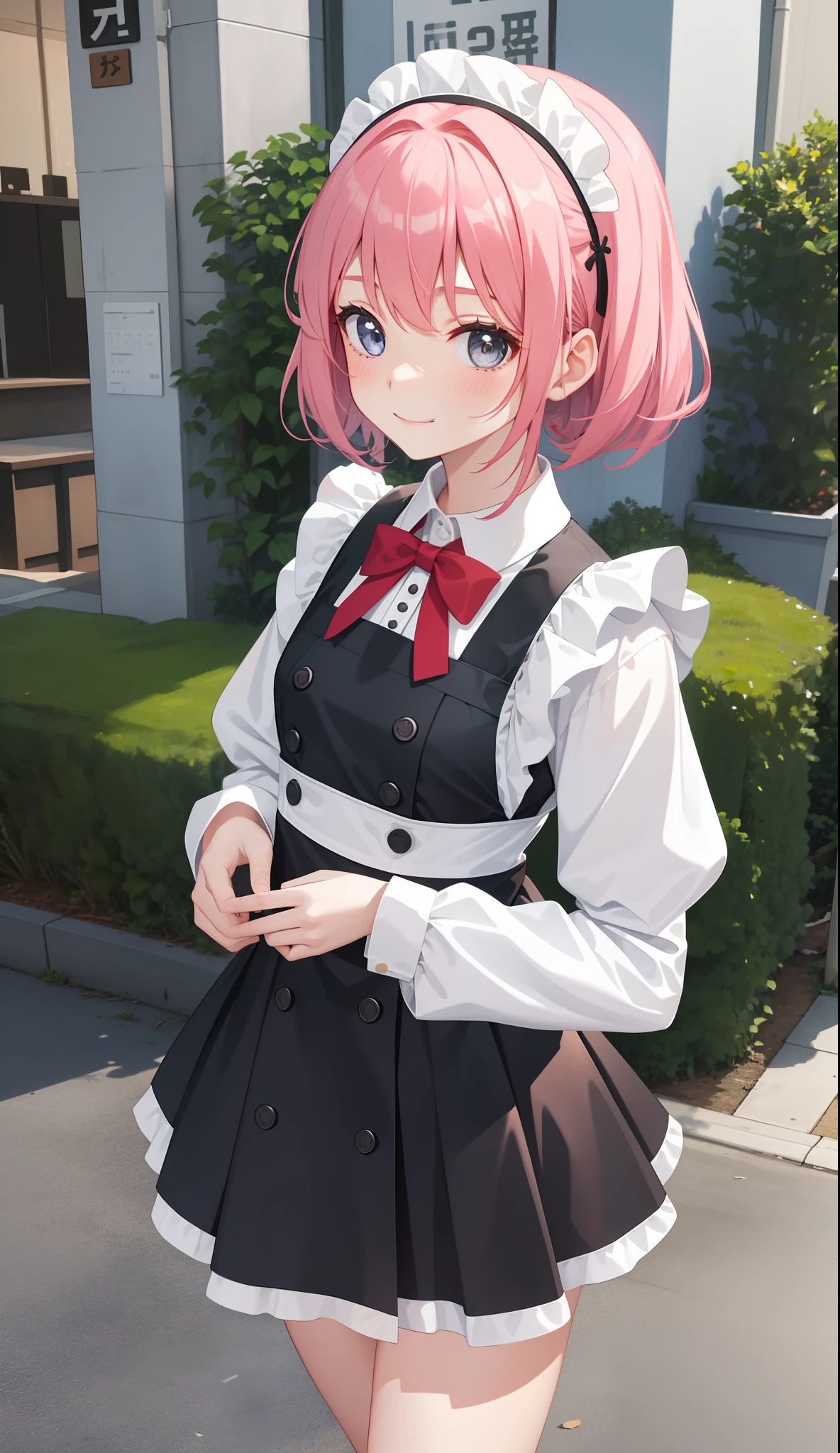 1girl in、AS-Adult、A smile、The shirt、Ultra mini skirt、pantiy、（small tits）、doress、pinafore、Hair decoration、（Maid costume）、Walking with a thigh、Upper body portrait、