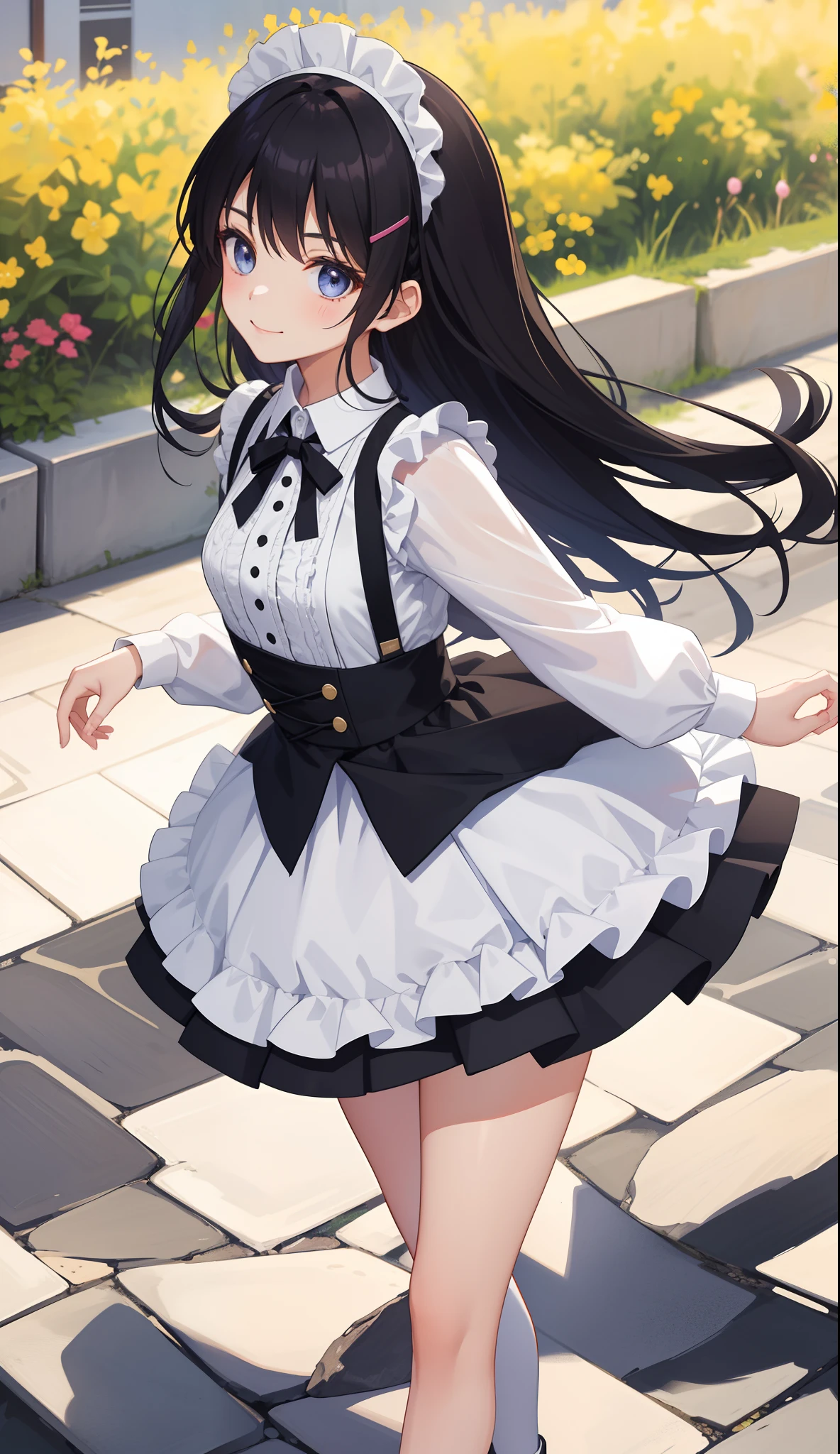 1girl in、AS-Adult、A smile、The shirt、Ultra mini skirt、pantiy、（small tits）、doress、pinafore、Hair decoration、（Maid costume）、Walking with a thigh、Upper body portrait、