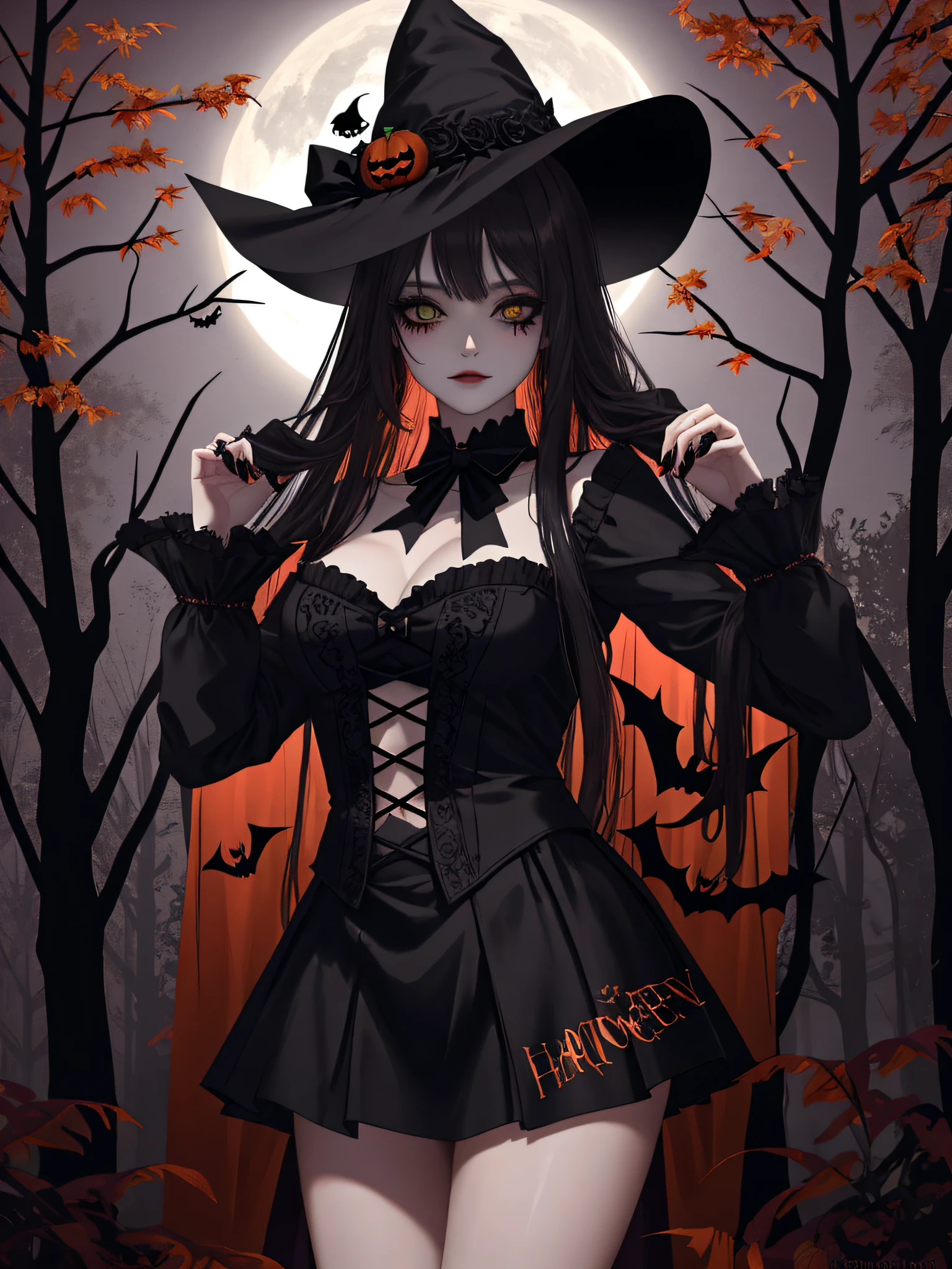 (ultra-realistic) (Halloween-style) (beautiful woman) (miniskirt) (spooky hat) (long hair) (big hips) (looking at viewer), 85mm, kodak ektar 100, photograph by renowned photographer, dramatic lighting, dark and mysterious atmosphere, enchanting, captivating, hauntingly beautiful, autumn leaves, elegant pose, alluring eyes, high fashion, cinematic, surreal, vibrant colors, fine art quality, intricate details, stylish makeup, gothic charm, shirt written happy halloween with spooky font