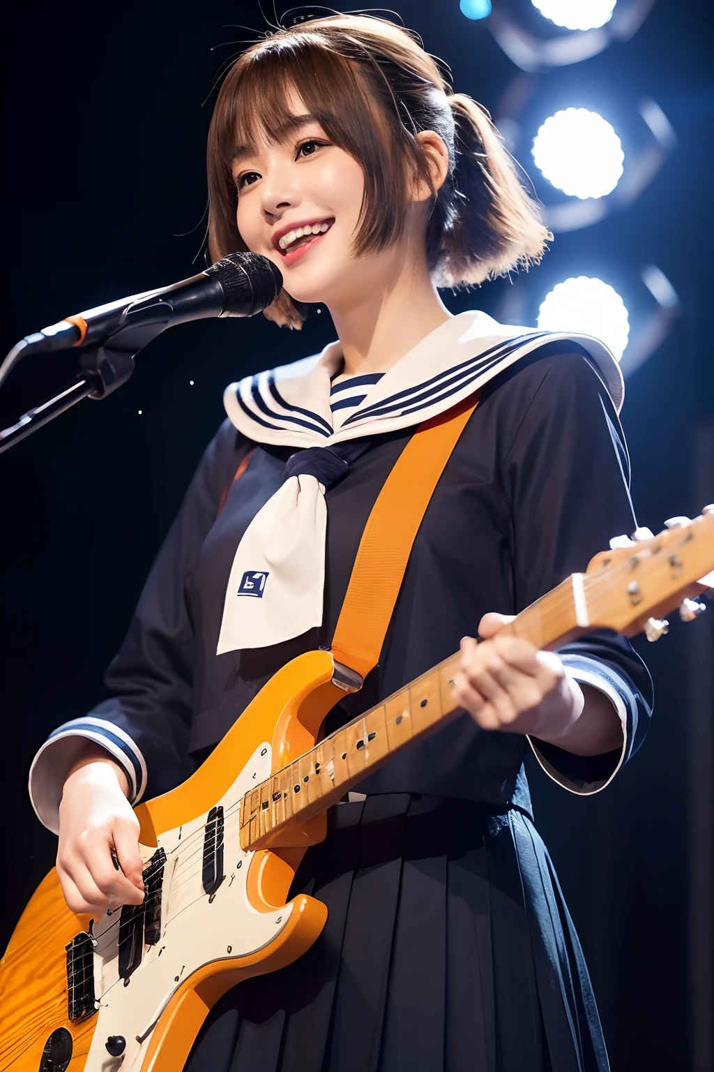 electric guitars、Japan Solo Idol,Pretty girl,A smile that makes the viewer happy,Light brown and orange two-tone shorthair,Floating hair,poneyTail、Unkempt hair,Red cheeks,red lipsticks,Stand in front of the microphone stand、(plays the electric guitar:1.3),sings,(Student Sailor Uniform:1.3)、Studio Lighting、(My whole body is drenched in sweat,Costume wet with sweat,hair wet with sweat,Face wet with sweat,Body wet with sweat,Skin shiny with sweat,), (masutepiece,top-quality,Ultra-high resolution output image,)(The 8k quality)