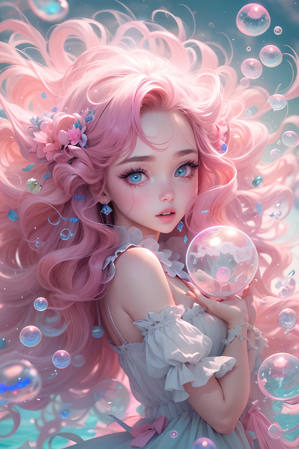 ((masterpiece)). This artwork is sweet, dreamy and ethereal, with soft pink watercolor hues and many ornate cotton candy accents. Generate a delicate and demure English fae exploring a (bubblegum world with a wide variety of pastel shades). Her sweet face is extremely detailed and realistic with elegant features and a sweet and subtle expression and looks like ((Gigi Hadid)). Include mature features, puffy lips, and stunning, highly realistic eyes. Her eyes are important and should be realistic, highly detailed, and beautiful. In high definition and detail, include lots of details like stars, galaxies, colorful bubbles, colorful petals, and lots of energy and emotion! The stars and colorful bubblegum bubbles are important! Include fantasy details, enhanced details, iridescence, colorful glittering wind, and pollen. Pay special attention to her face and make sure it is beautifully and realistically detailed. The image should be dreamy and ethereal.8k, intricate, elegant, highly detailed, majestic, digital photography