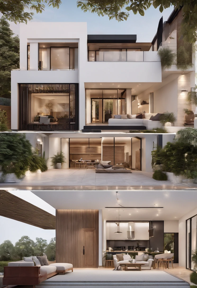 (best quality,3D rendering),detached house with 3 bedrooms,living room,kitchen and bathroom,bright and spacious interior,modern design,architectural masterpiece,two-story building with an "L" shaped lot,large front porch,beautifully landscaped garden,contemporary façade with floor-to-ceiling windows,open-concept layout,high ceilings throughout the house,elegant staircase,abundance of natural light,high-end finishes and fixtures,stylish furniture and decor,natural wood flooring,neutral color palette,comfortable and inviting atmosphere.