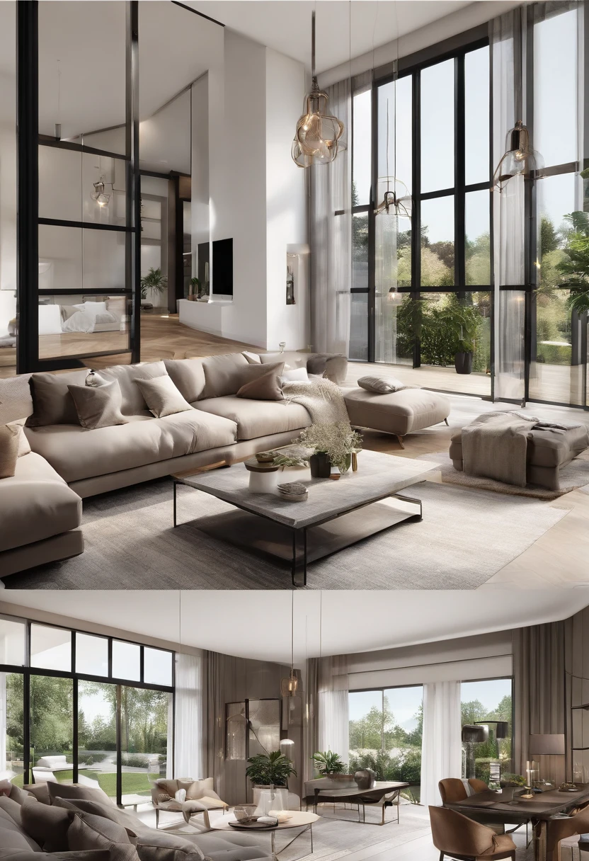 (best quality,3D rendering),detached house with 3 bedrooms,living room,kitchen and bathroom,bright and spacious interior,modern design,architectural masterpiece,two-story building with an "L" shaped lot,large front porch,beautifully landscaped garden,contemporary façade with floor-to-ceiling windows,open-concept layout,high ceilings throughout the house,elegant staircase,abundance of natural light,high-end finishes and fixtures,stylish furniture and decor,natural wood flooring,neutral color palette,comfortable and inviting atmosphere.