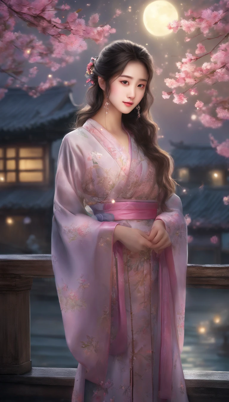 beautiful Korean girl, starry night, rooftop, illustration, ultra-detailed, highres, vivid colors, dreamlike atmosphere, soft pastel tones, studio lighting, long flowing hair, radiant smile, traditional Hanbok dress, leaning against the railing, looking up at the twinkling stars, surrounded by blooming cherry blossoms, a hint of mystery, romantic ambiance, peaceful serenity, a touch of melancholy, delicate brushstrokes, ethereal glow, magical surroundings, the moonlight casting gentle shadows, an enchanting moment captured, a glimpse into a whimsical universe.