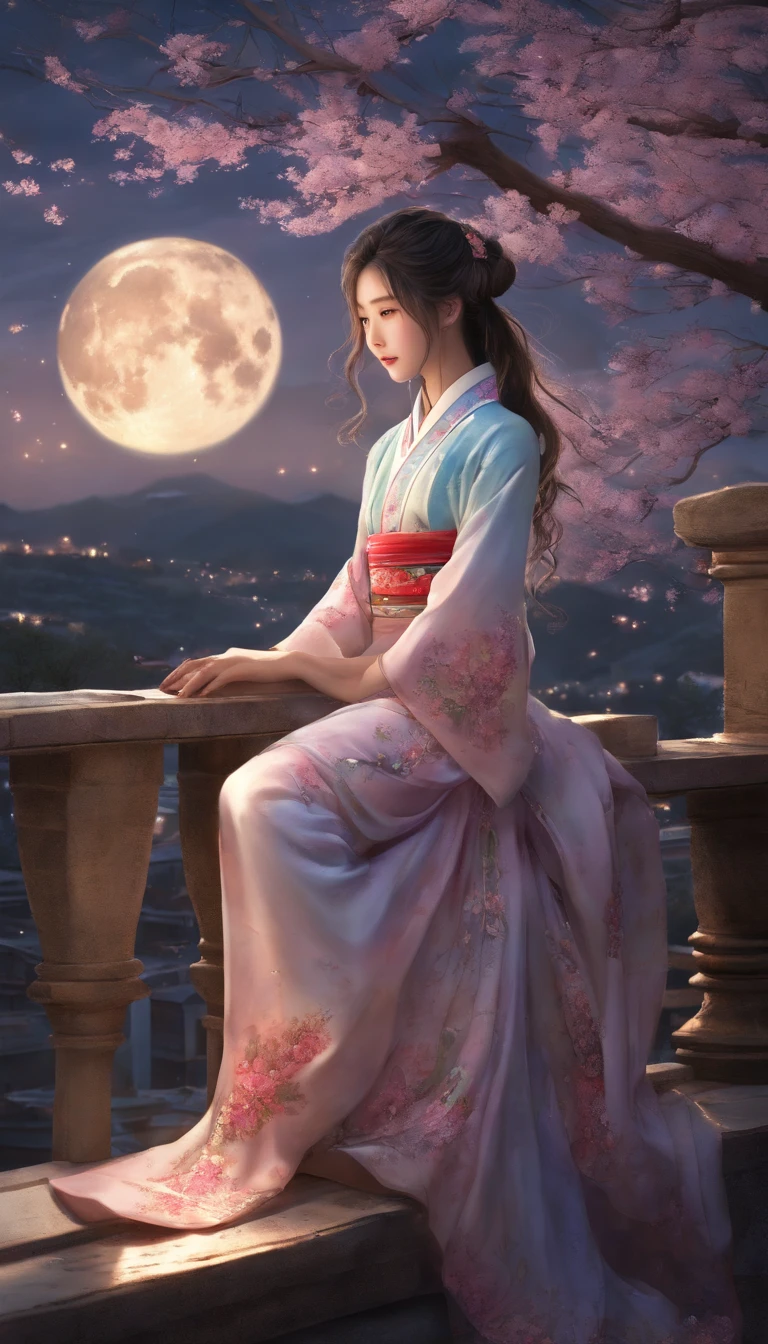 beautiful Korean girl, starry night, rooftop, illustration, ultra-detailed, highres, vivid colors, dreamlike atmosphere, soft pastel tones, studio lighting, long flowing hair, radiant smile, traditional Hanbok dress, leaning against the railing, looking up at the twinkling stars, surrounded by blooming cherry blossoms, a hint of mystery, romantic ambiance, peaceful serenity, a touch of melancholy, delicate brushstrokes, ethereal glow, magical surroundings, the moonlight casting gentle shadows, an enchanting moment captured, a glimpse into a whimsical universe.