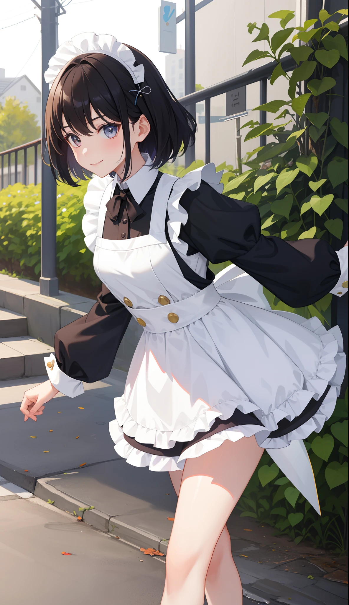 1girl in、AS-Adult、A smile、The shirt、Ultra mini skirt、pantiy、(small tits)、doress、pinafore、Hair decoration、(Maid costume)、Walking with a thigh、Upper body portrait、