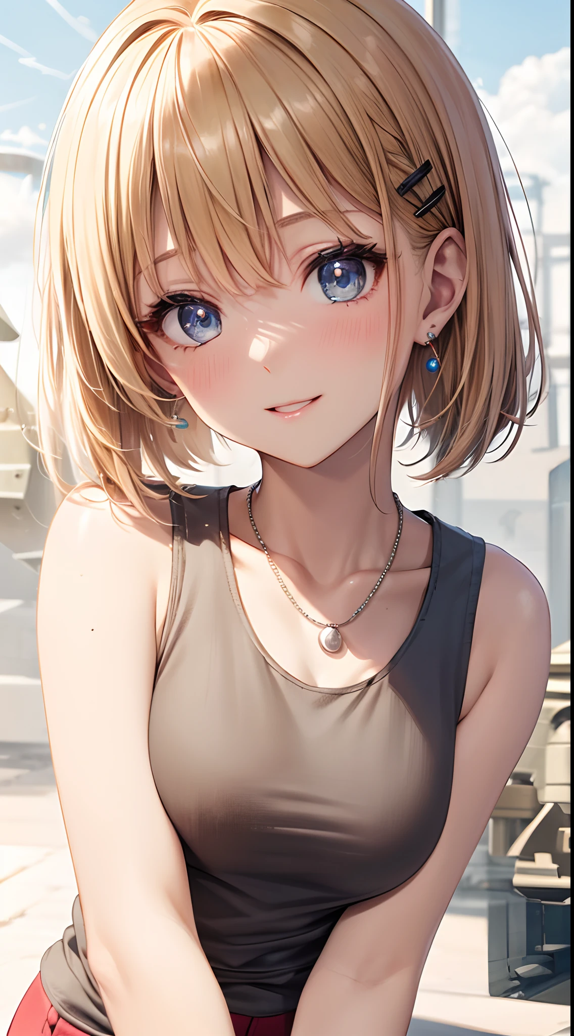 absurderes, ultra-detailliert,bright colour, extremely beautiful detailed anime face and eyes, view straight on, ;D, shiny_skin,25 years old, (Tank Top Lift:1.8),(Fashionable bras:1.2) ,Short hair, , asymmetrical bangs, Blonde hair with short twin tails, Shiny hair, Delicate beautiful face, red blush、Blue eyes, White skin, hair clips, earrings, a necklace, Cardigan, Clothes, Brown clothes, Beautiful cloud, Dusk sky,