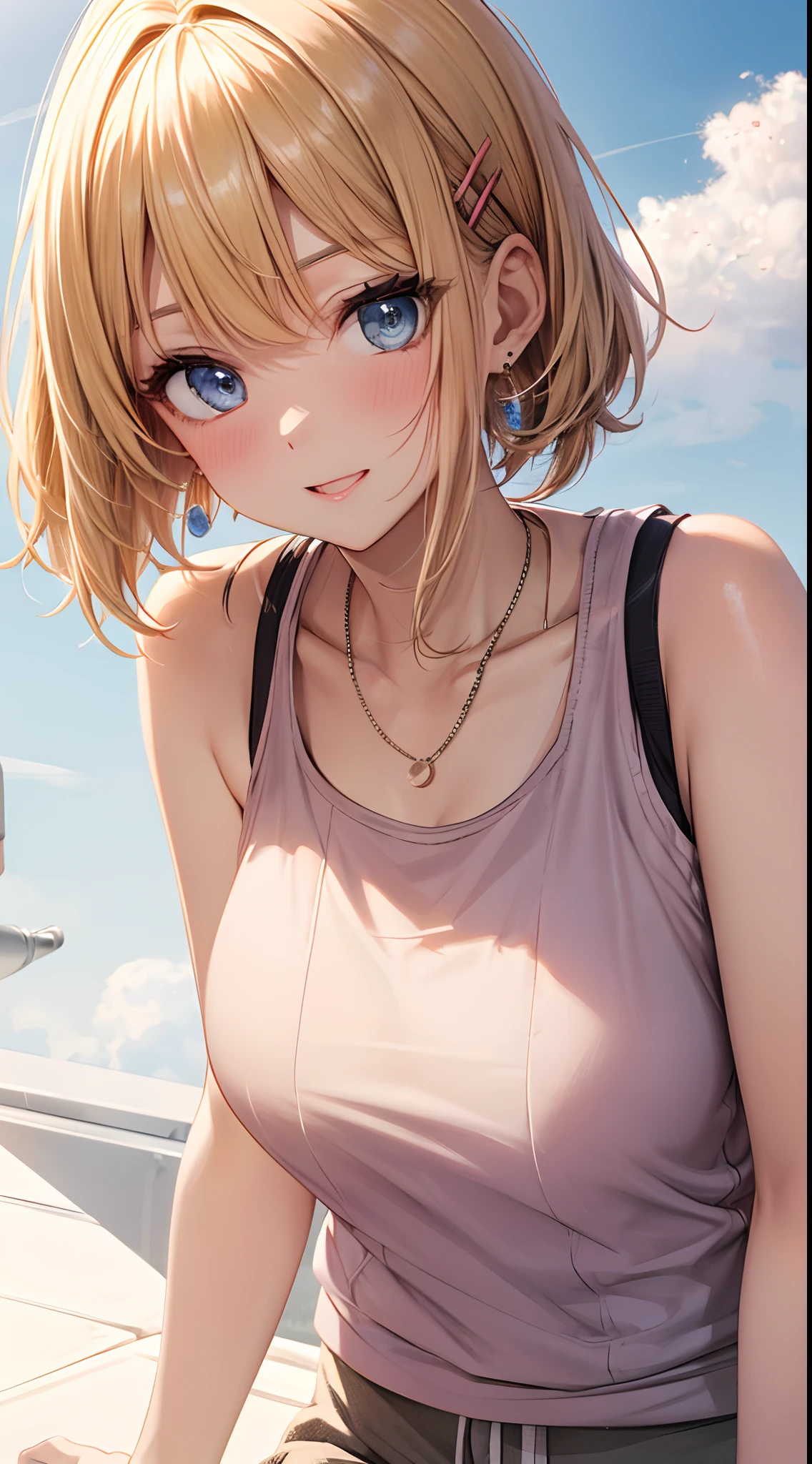 absurderes, ultra-detailliert,bright colour, extremely beautiful detailed anime face and eyes, view straight on, ;D, shiny_skin,25 years old, (Tank Top Lift:1.8),(Fashionable bras:1.2) ,Short hair, , asymmetrical bangs, Blonde hair with short twin tails, Shiny hair, Delicate beautiful face, red blush、Blue eyes, White skin, hair clips, earrings, a necklace, Cardigan, Clothes, Brown clothes, Beautiful cloud, Dusk sky,