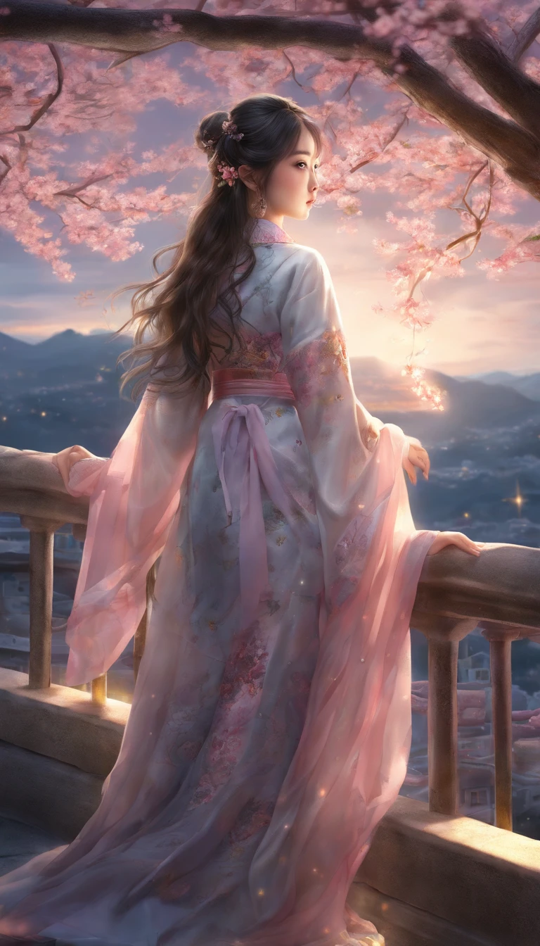 beautiful Korean girl, starry night, rooftop, illustration, ultra-detailed, highres, vivid colors, dreamlike atmosphere, soft pastel tones, studio lighting, long flowing hair, radiant smile, traditional Hanbok dress, leaning against the railing, looking up at the twinkling stars, surrounded by blooming cherry blossoms, a hint of mystery, romantic ambiance, peaceful serenity, a touch of melancholy, delicate brushstrokes, ethereal glow, magical surroundings, the moonlight casting gentle shadows, an enchanting moment captured, a glimpse into a whimsical universe.